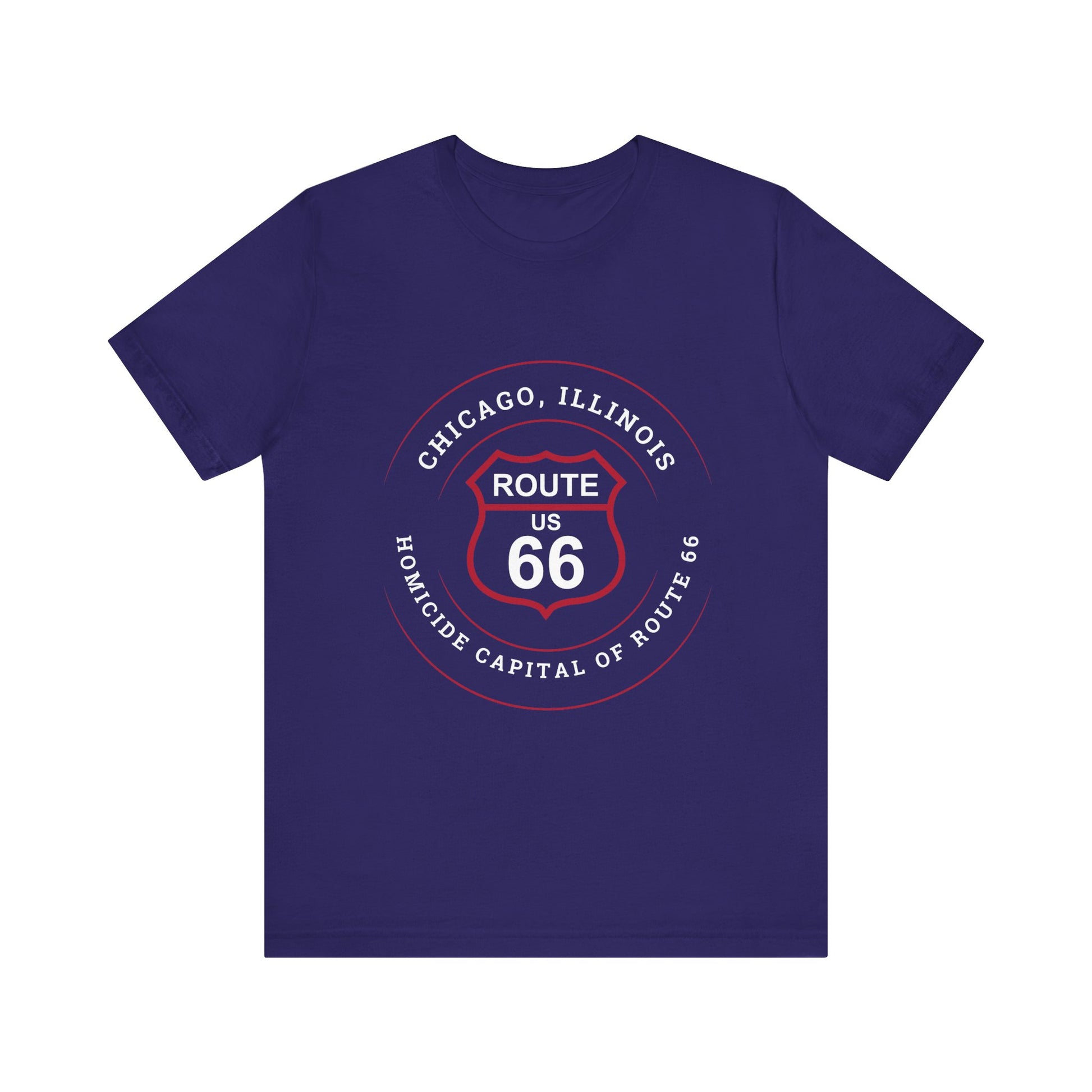 Team navy retro Route 66 unisex jersey tee with Chicago, IL:: "Homicide Capital of Route 66" design