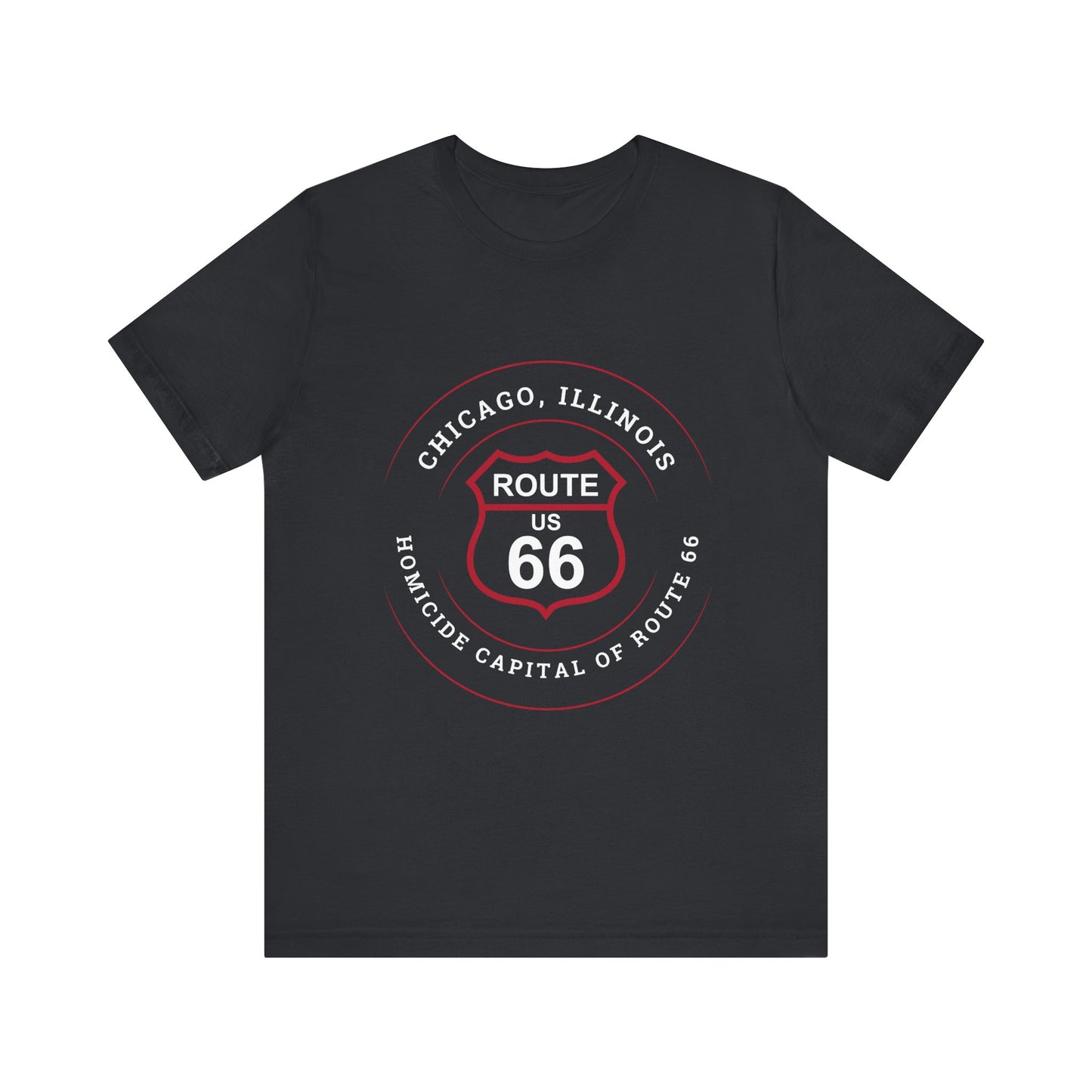 Vintage black retro Route 66 unisex jersey tee with Chicago, IL:: "Homicide Capital of Route 66" design