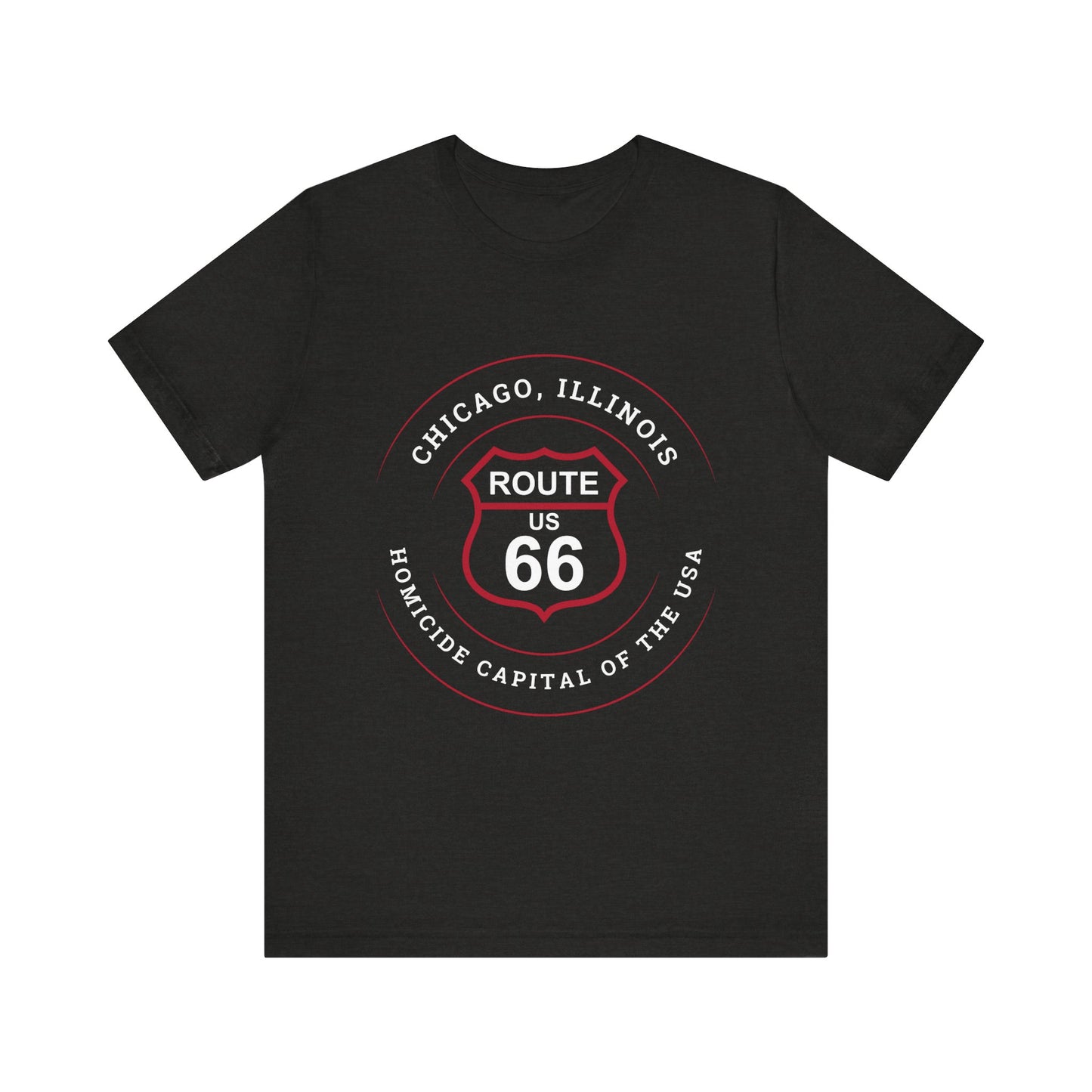 Black heather retro Route 66 unisex jersey tee with Chicago, IL:: "Homicide Capital of the USA" design