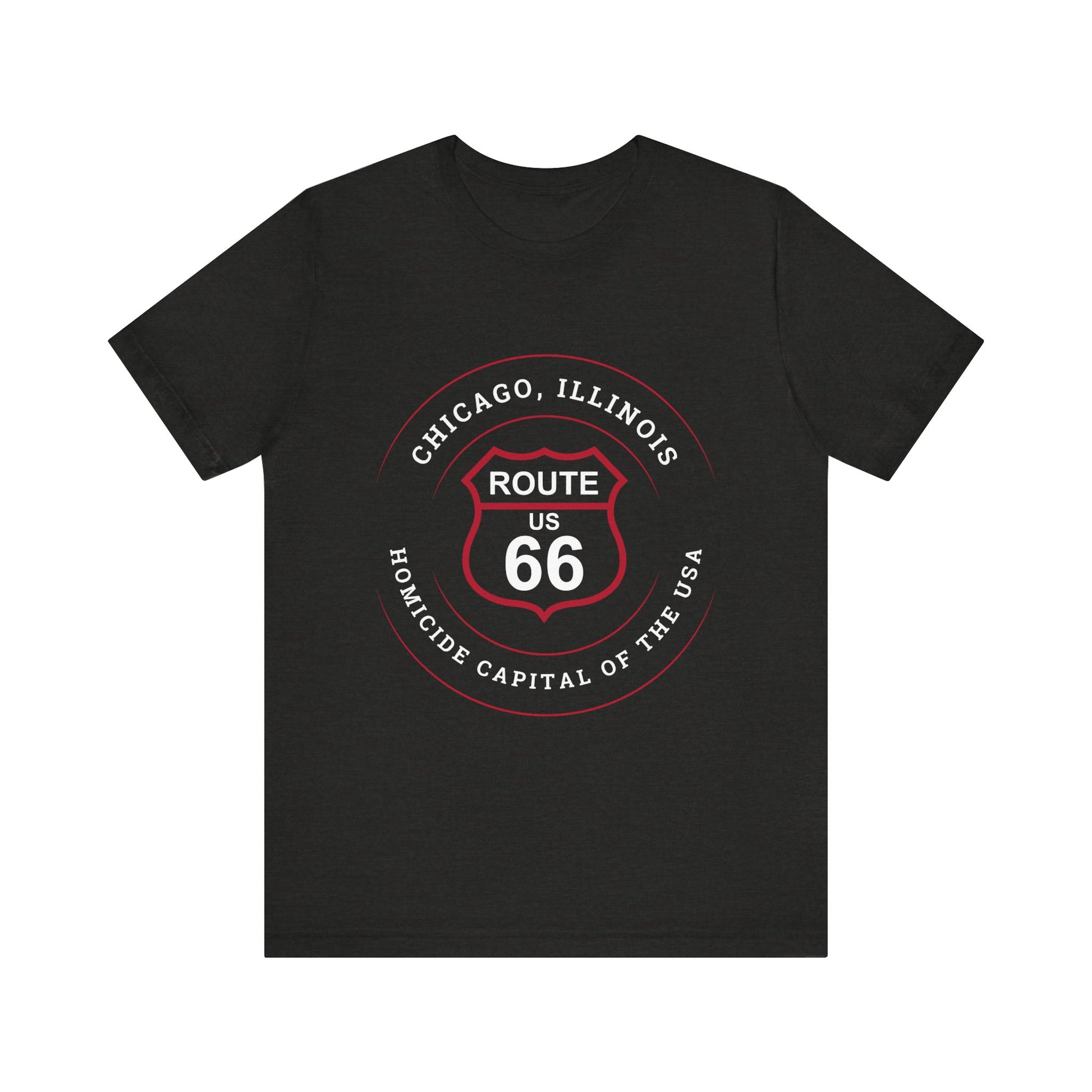 Black heather retro Route 66 unisex jersey tee with Chicago, IL:: "Homicide Capital of the USA" design