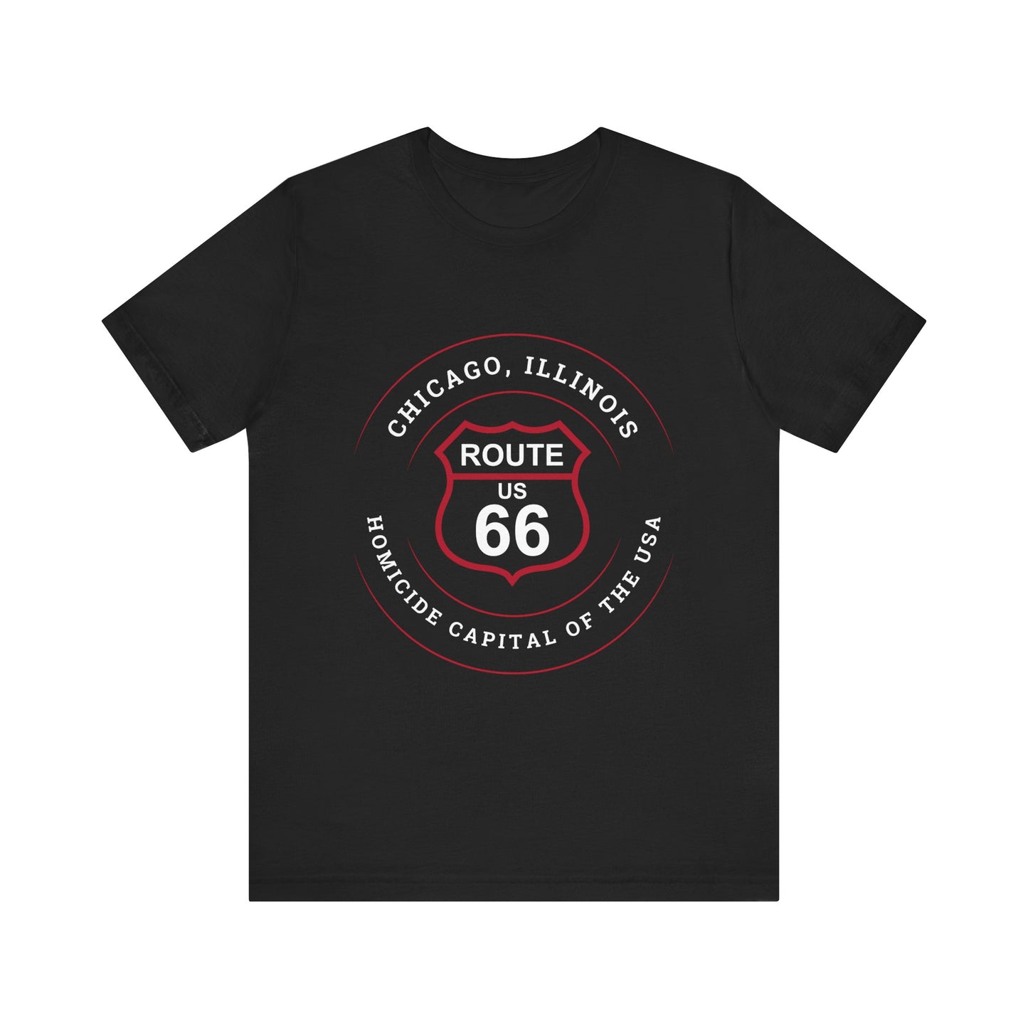 Black retro Route 66 unisex jersey tee with Chicago, IL:: "Homicide Capital of the USA" design