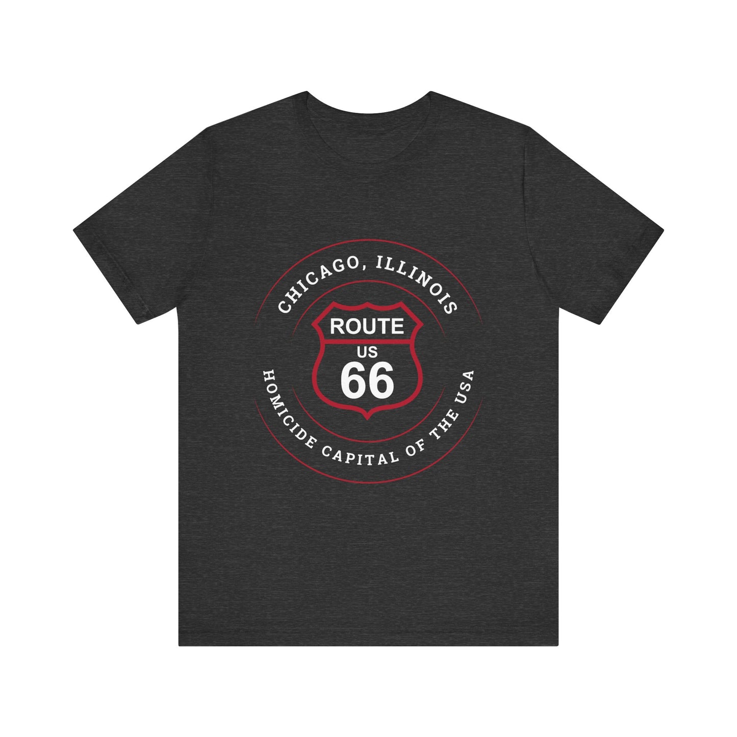 Dark grey heather retro Route 66 unisex jersey tee with Chicago, IL:: "Homicide Capital of the USA" design