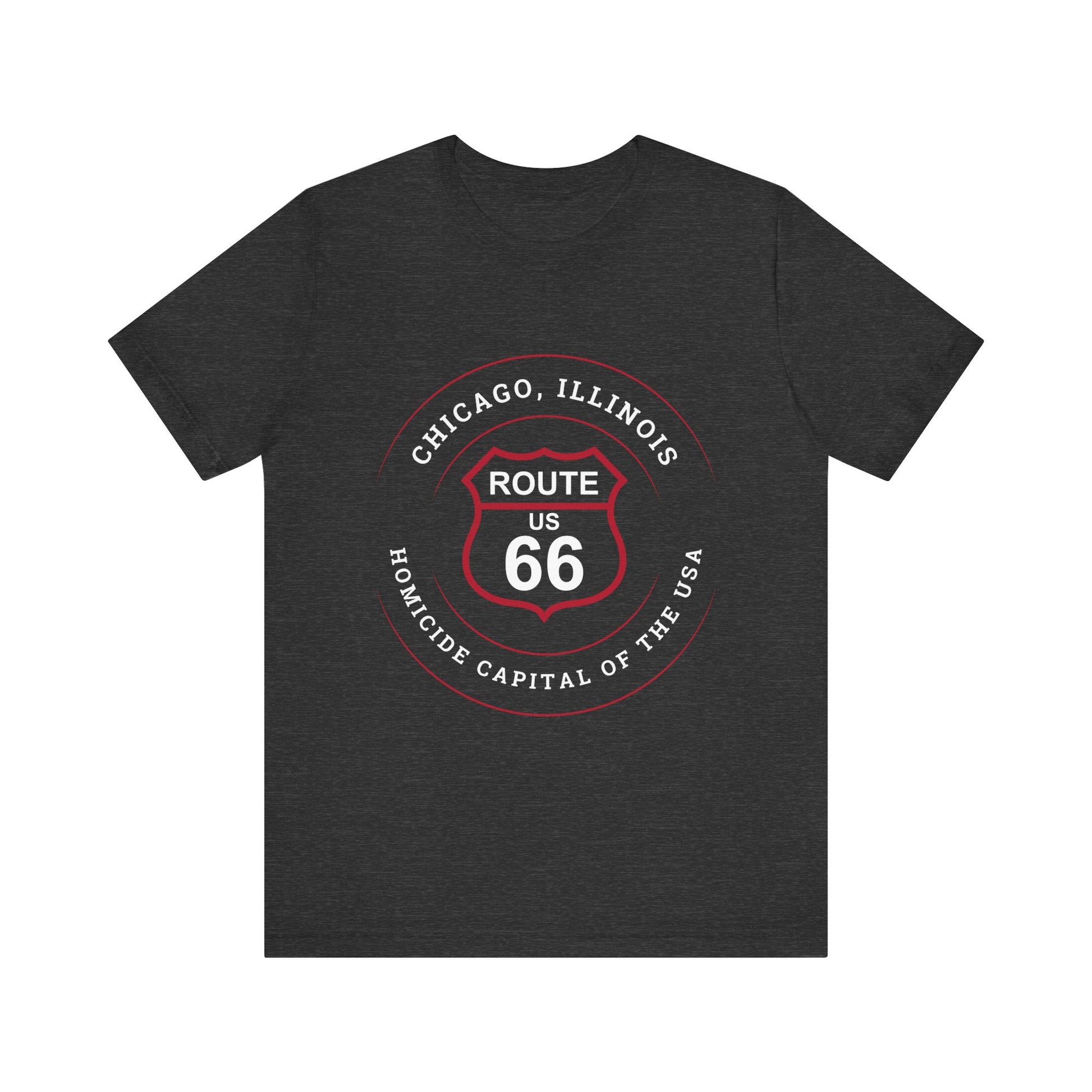 Dark grey heather retro Route 66 unisex jersey tee with Chicago, IL:: "Homicide Capital of the USA" design