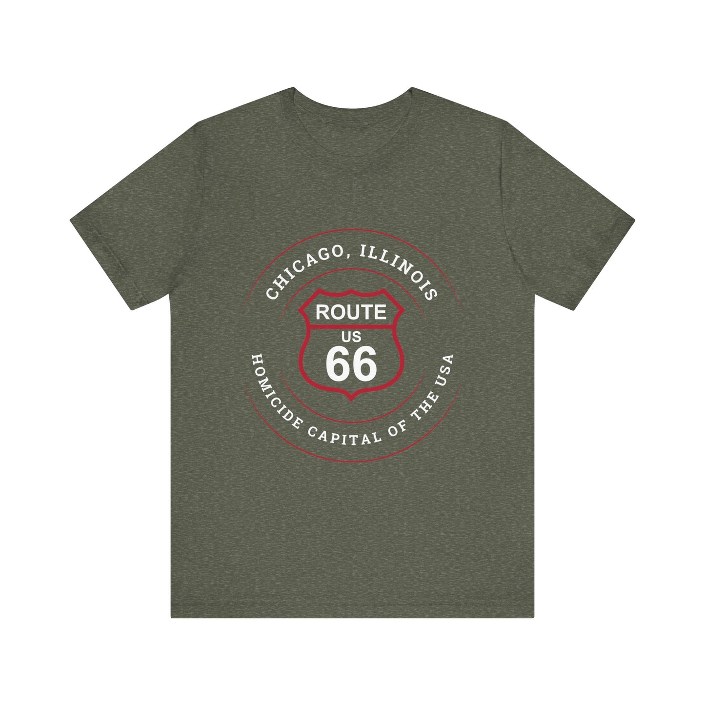 Heather military green retro Route 66 unisex jersey tee with Chicago, IL:: "Homicide Capital of the USA" design