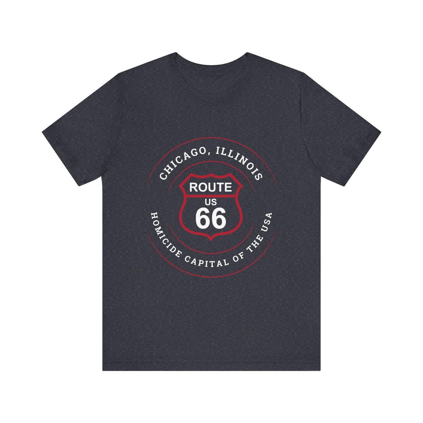 Heather navy retro Route 66 unisex jersey tee with Chicago, IL:: "Homicide Capital of the USA" design