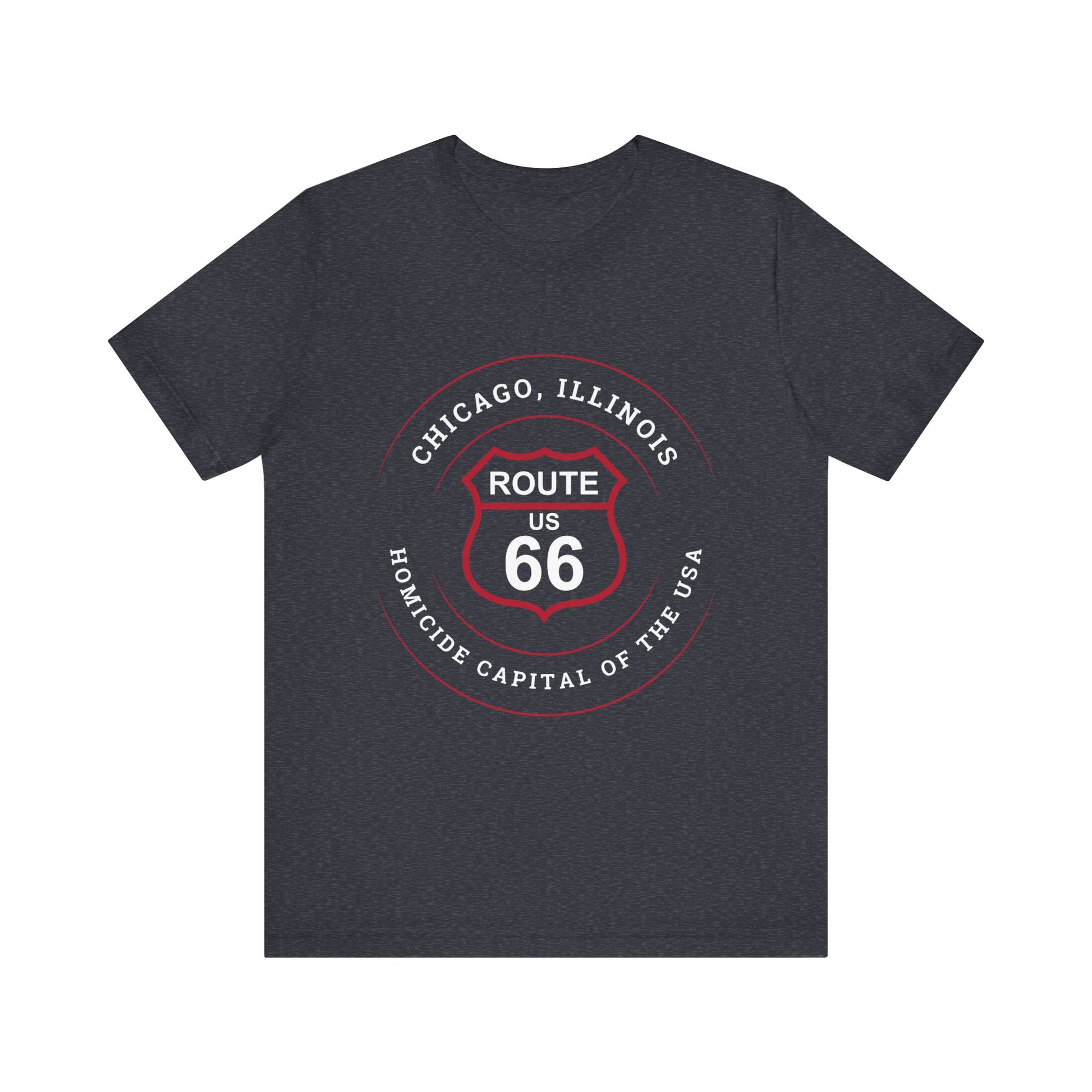 Heather navy retro Route 66 unisex jersey tee with Chicago, IL:: "Homicide Capital of the USA" design