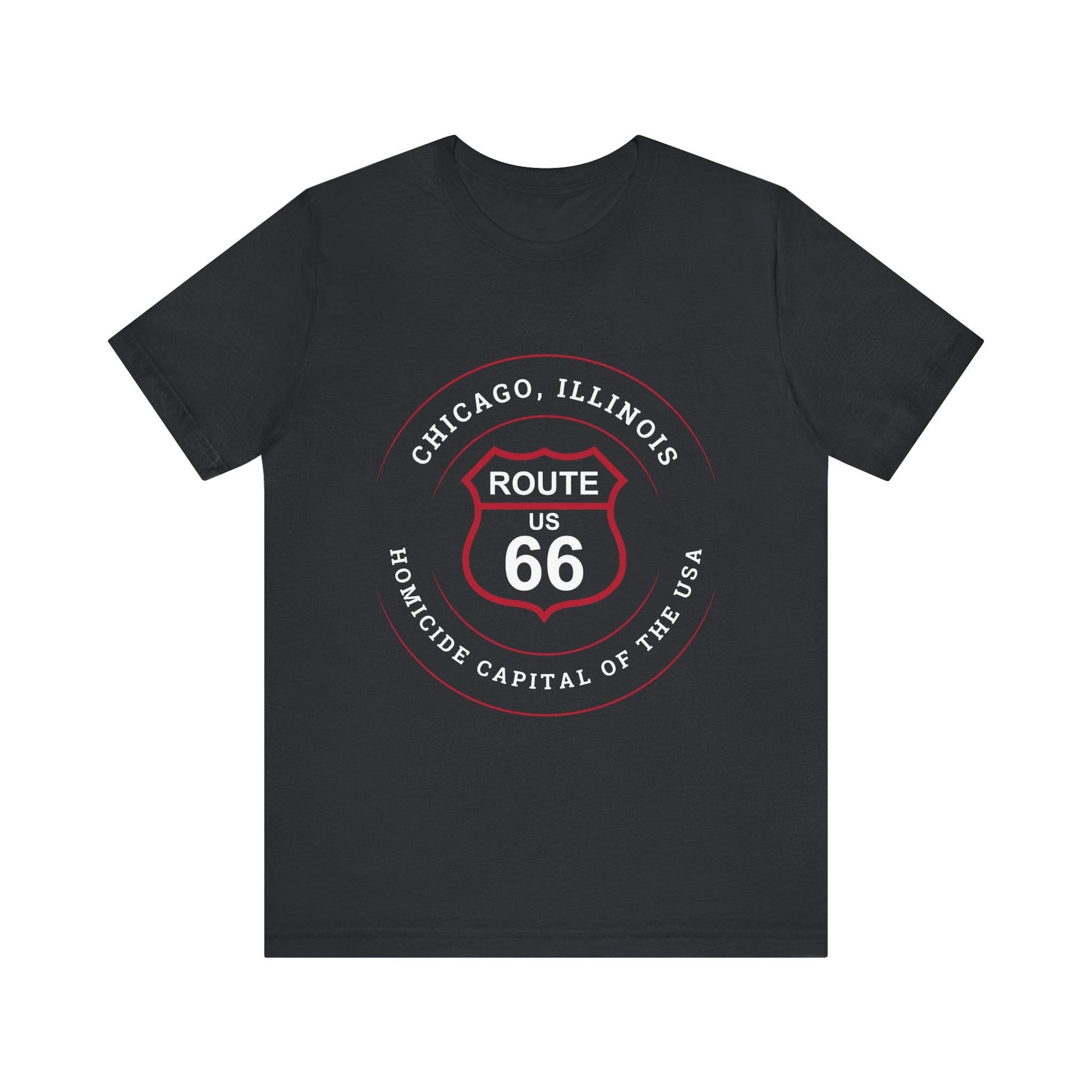 Vintage black retro Route 66 unisex jersey tee with Chicago, IL:: "Homicide Capital of the USA" design
