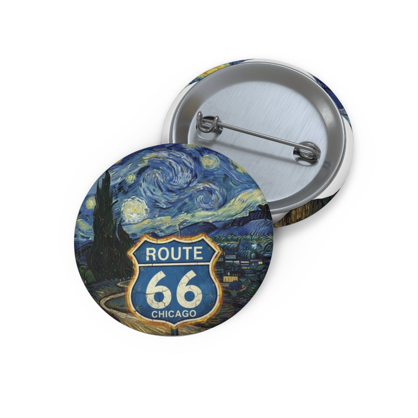 Route 66 Chicago pin button featuring Starry Night by Van Gogh, front and back detail.