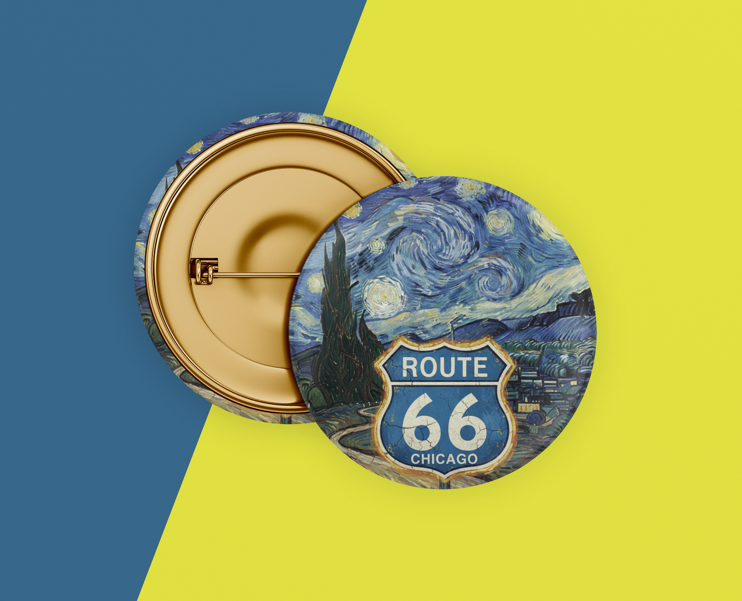 Route 66 Chicago pin button with Van Gogh Starry Night design, back view with gold finish. 