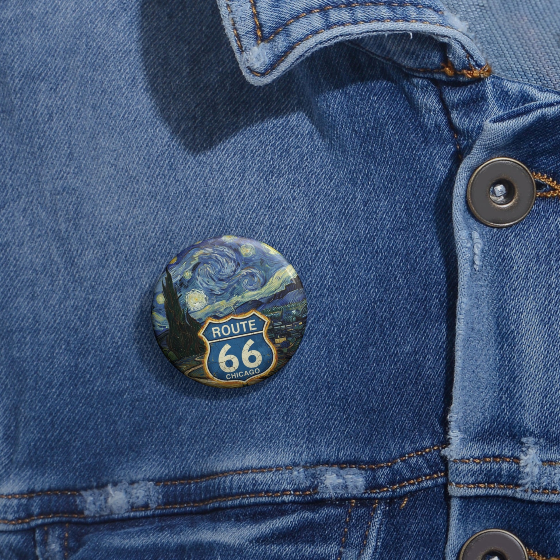 Route 66 Chicago Van Gogh Starry Night pin button styled on a denim jacket.