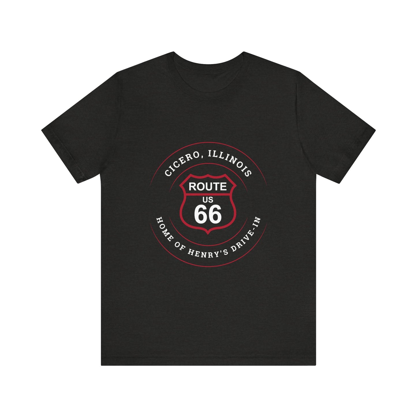 Black heather retro Route 66 unisex jersey tee with Cicero, IL:: "Home of Henry's Drive-In" design