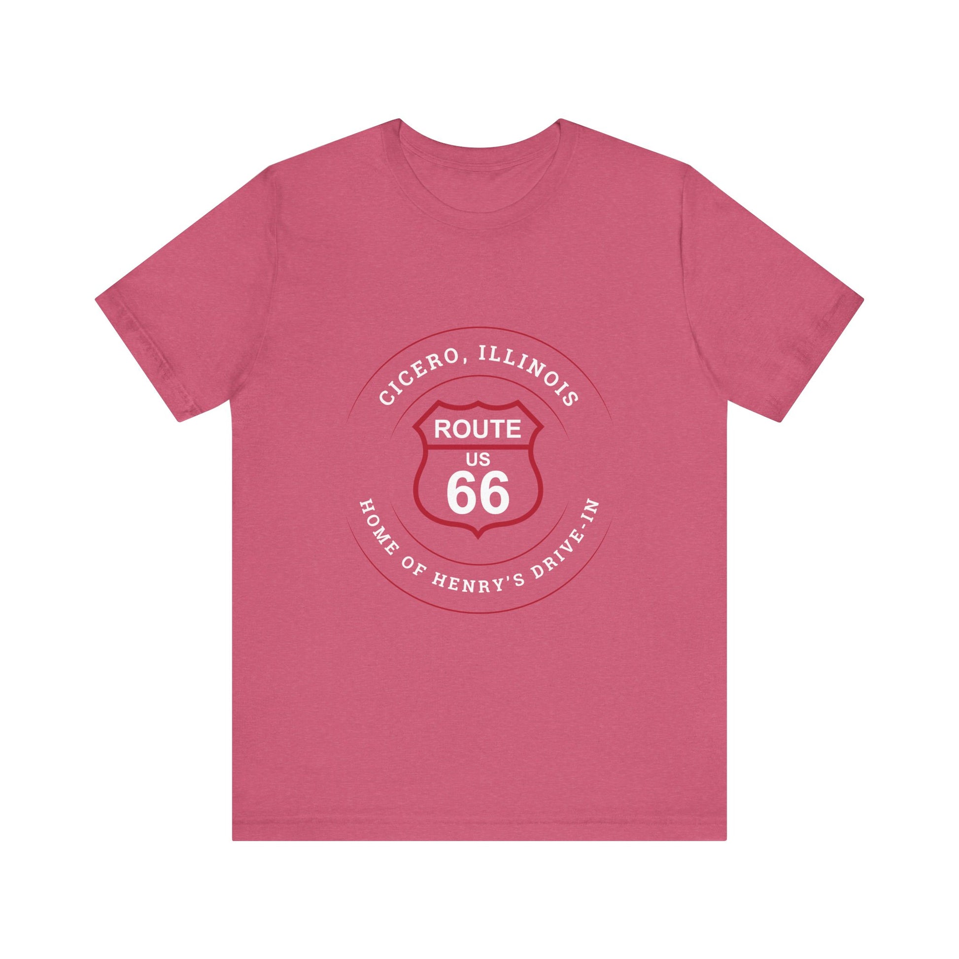 Heather raspberry retro Route 66 unisex jersey tee with Cicero, IL:: "Home of Henry's Drive-In" design