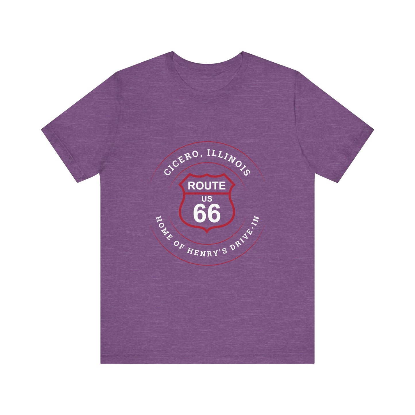 Heather team purple retro Route 66 unisex jersey tee with Cicero, IL:: "Home of Henry's Drive-In" design