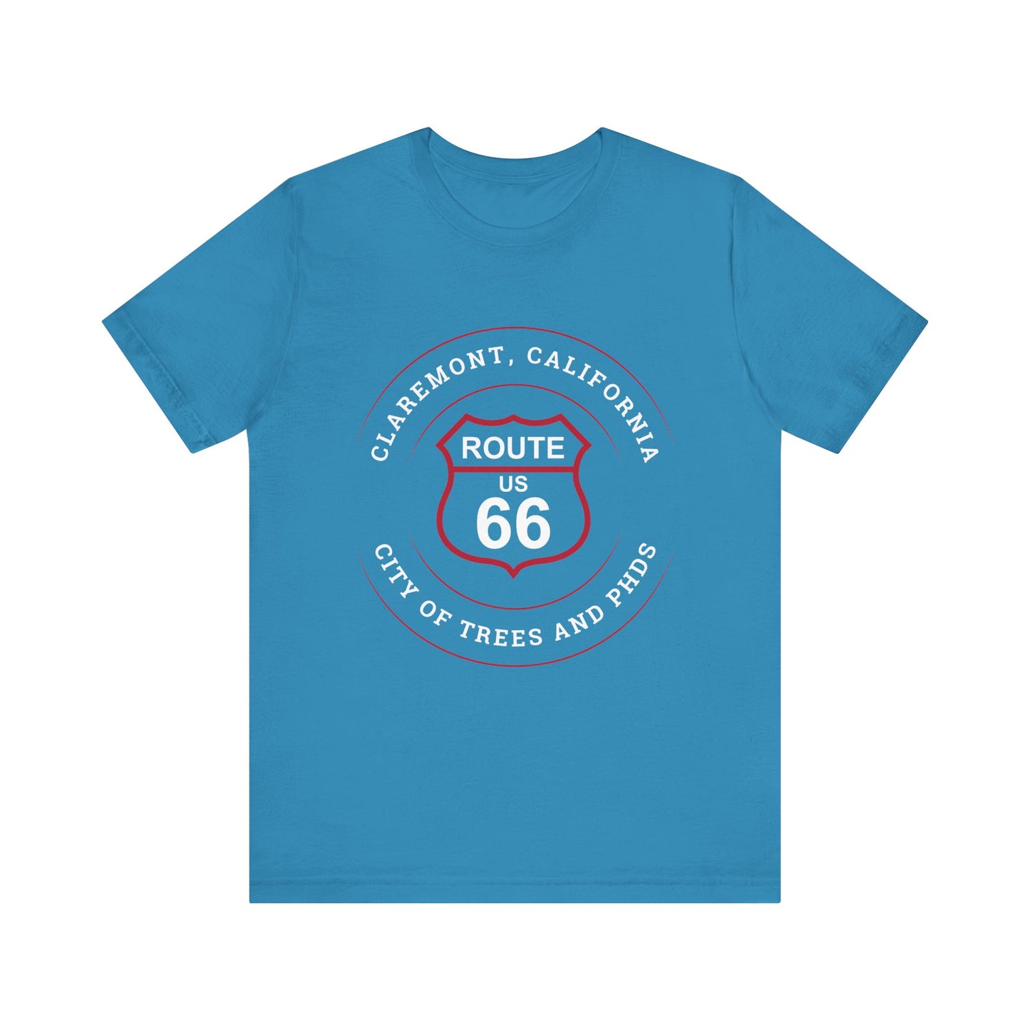Aqua retro Route 66 unisex jersey tee with Claremont, CA: "City of Trees and PhDs" design