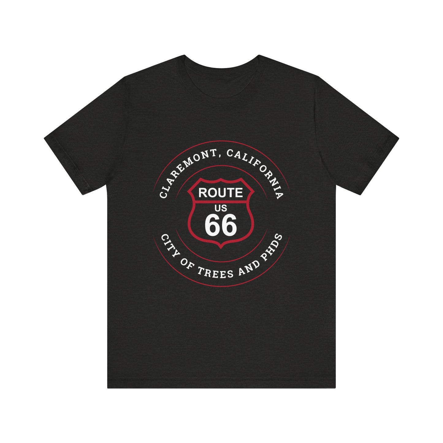 Black heather retro Route 66 unisex jersey tee with Claremont, CA: "City of Trees and PhDs" design