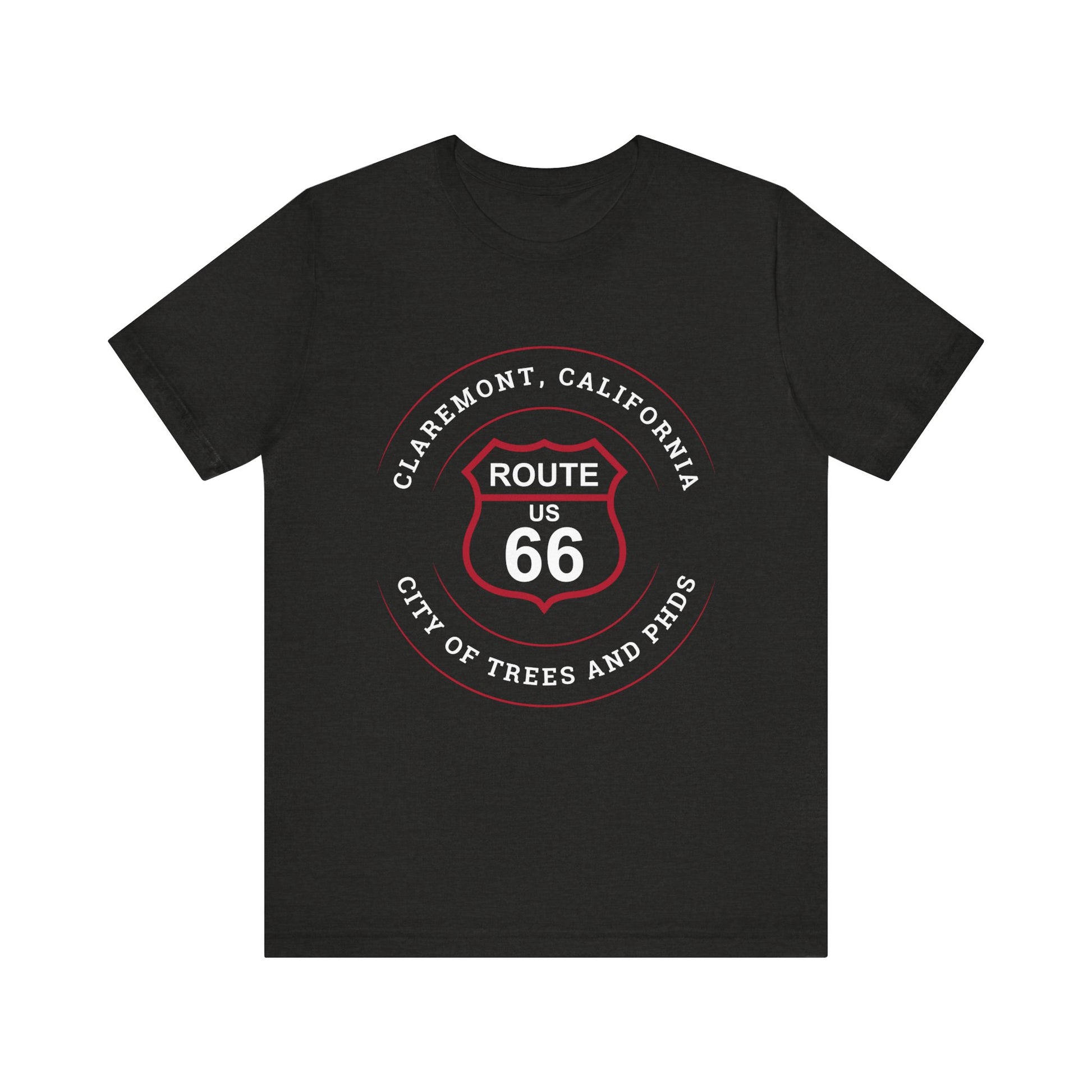 Black heather retro Route 66 unisex jersey tee with Claremont, CA: "City of Trees and PhDs" design