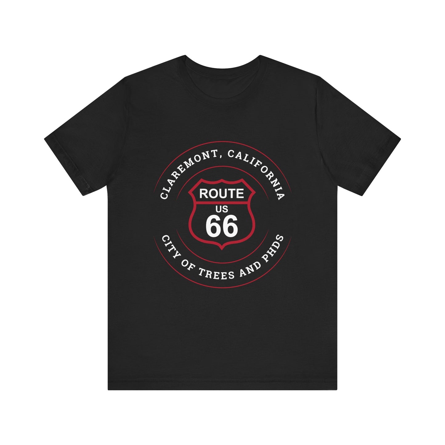 Black retro Route 66 unisex jersey tee with Claremont, CA: "City of Trees and PhDs" design