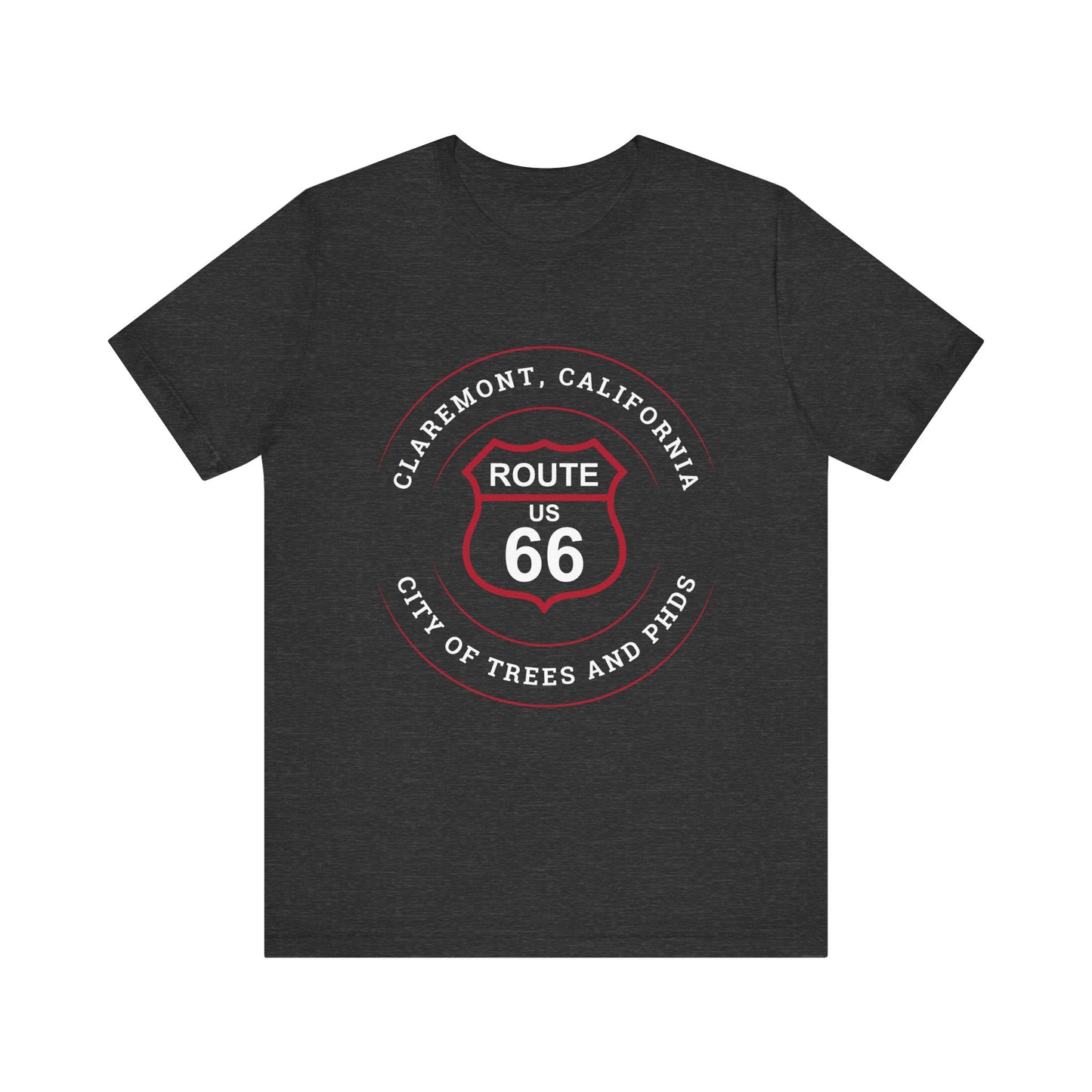 Dark grey heather retro Route 66 unisex jersey tee with Claremont, CA: "City of Trees and PhDs" design