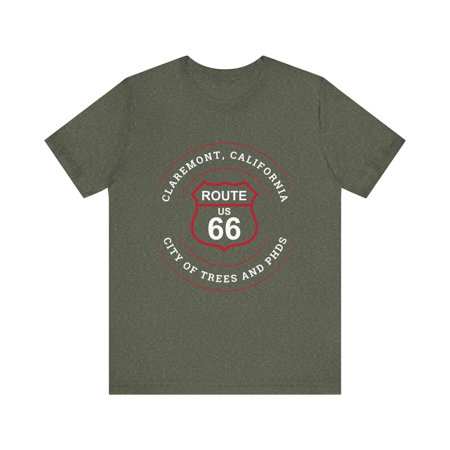 Heather military green retro Route 66 unisex jersey tee with Claremont, CA: "City of Trees and PhDs" design