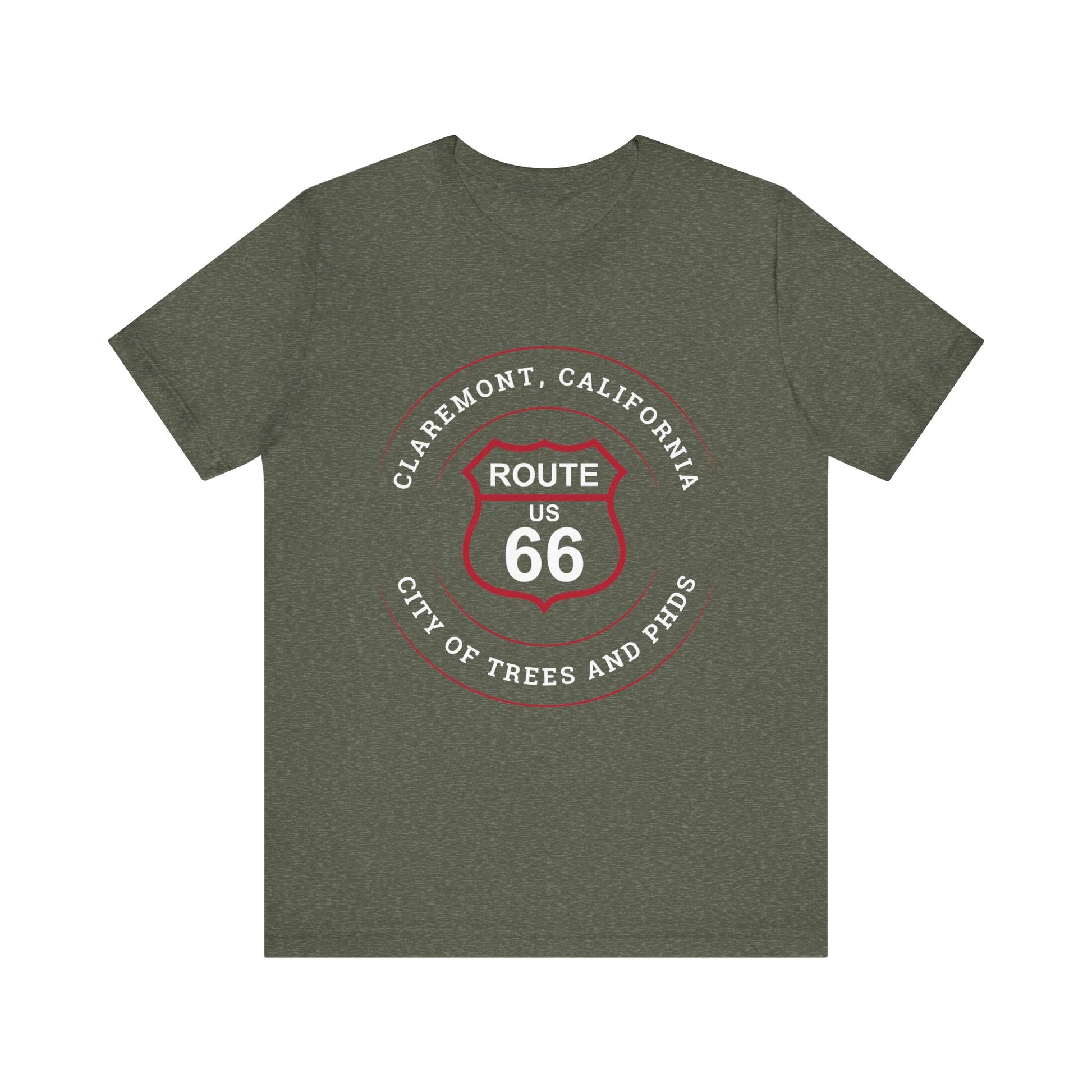Heather military green retro Route 66 unisex jersey tee with Claremont, CA: "City of Trees and PhDs" design