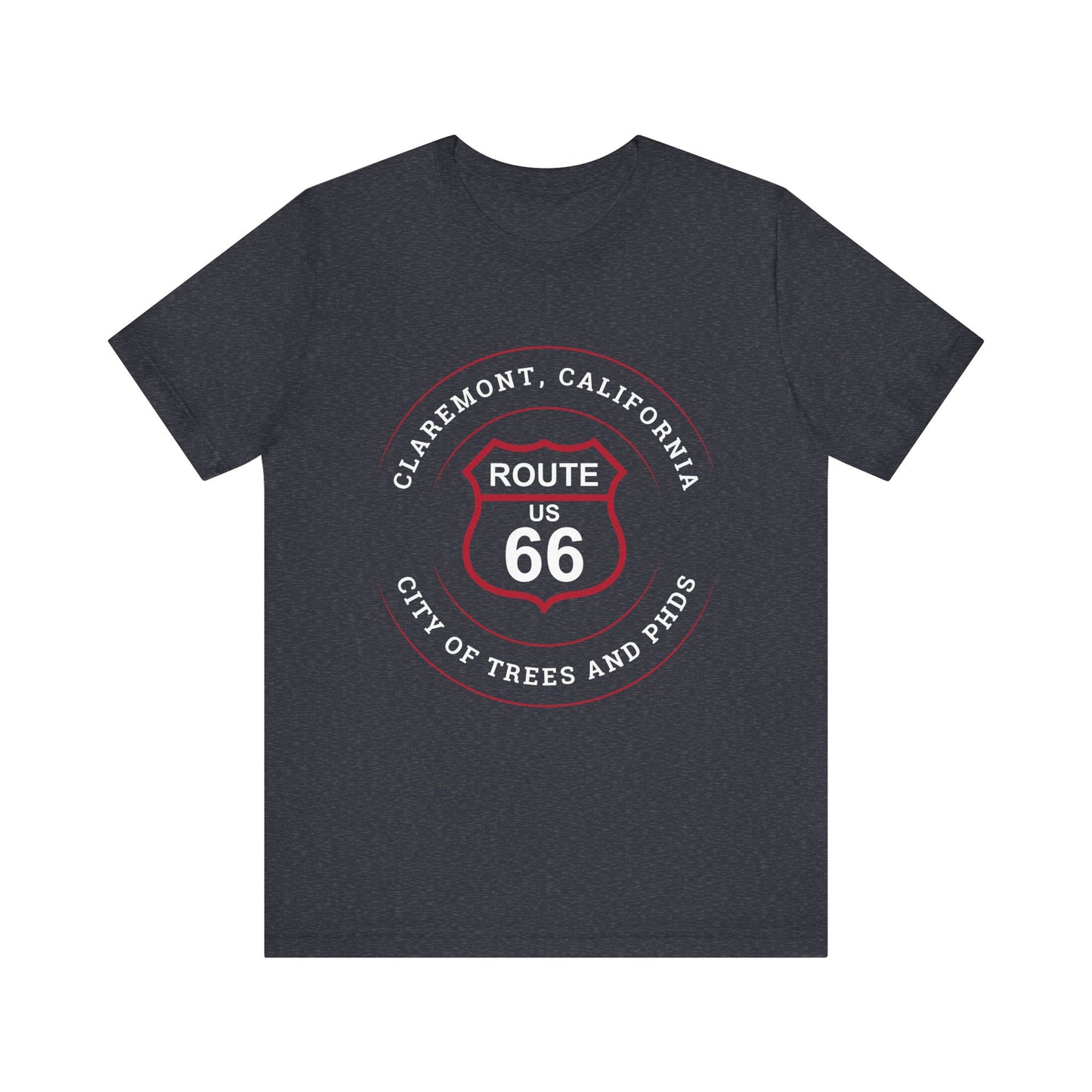 Heather navy retro Route 66 unisex jersey tee with Claremont, CA: "City of Trees and PhDs" design