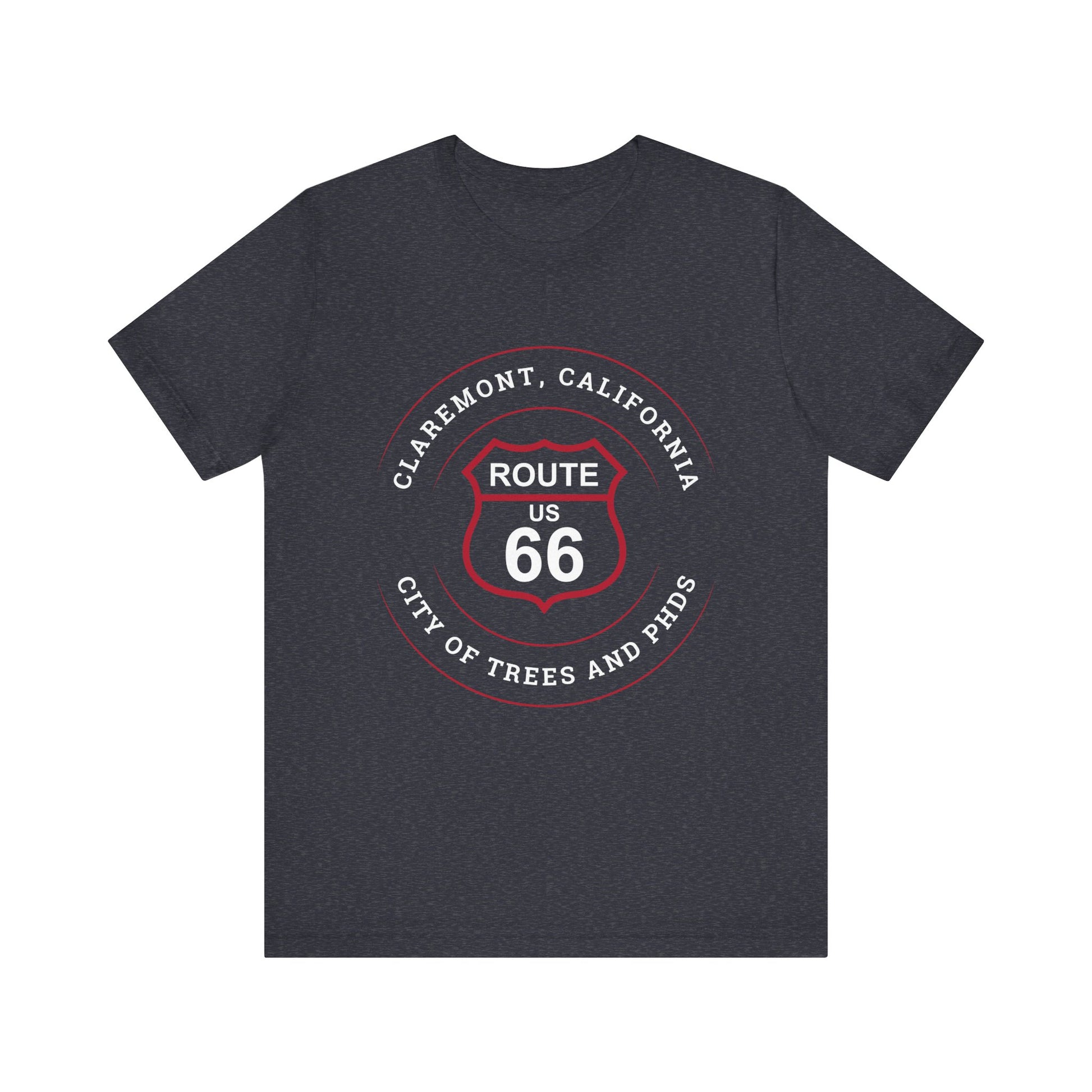 Heather navy retro Route 66 unisex jersey tee with Claremont, CA: "City of Trees and PhDs" design