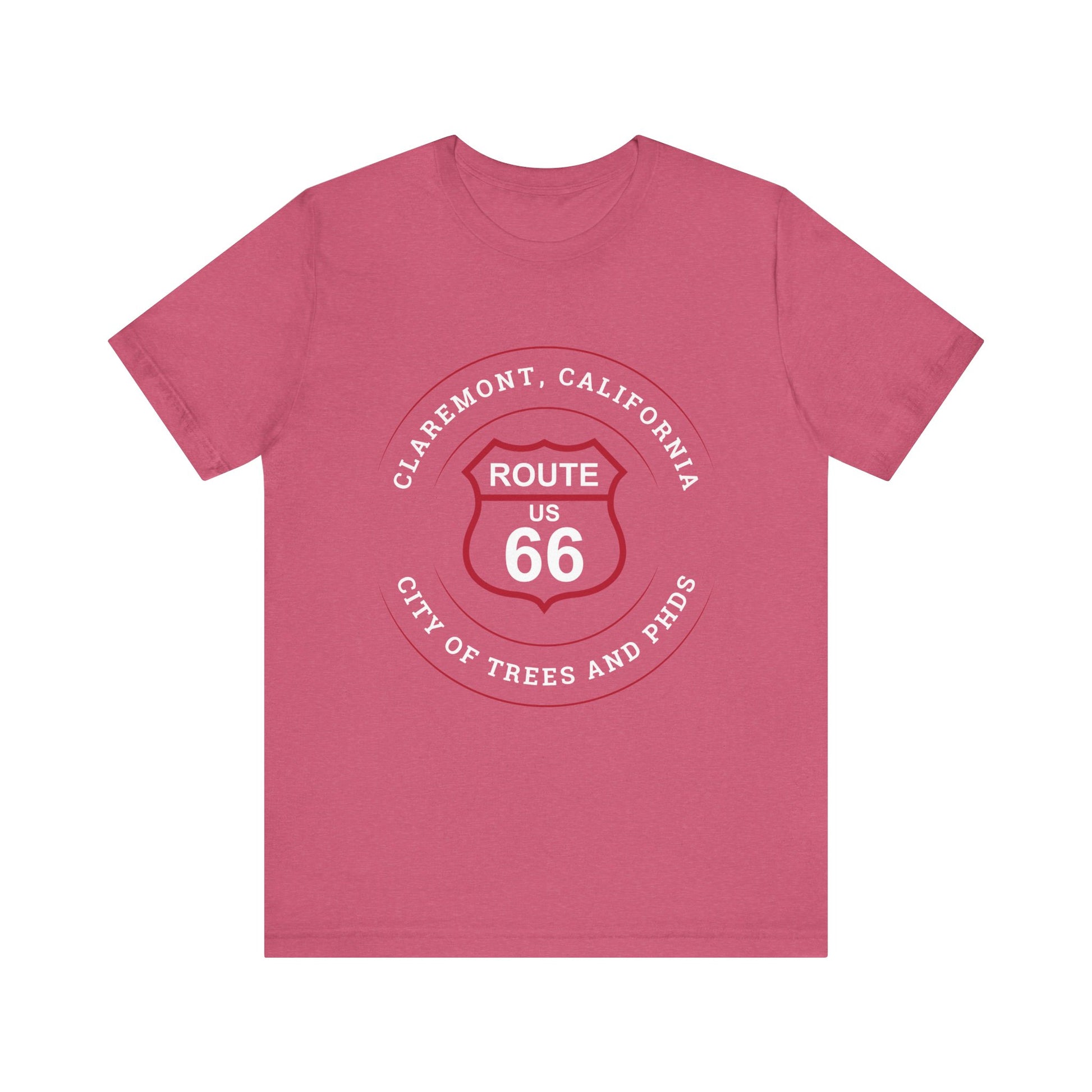 Heather raspberry retro Route 66 unisex jersey tee with Claremont, CA: "City of Trees and PhDs" design