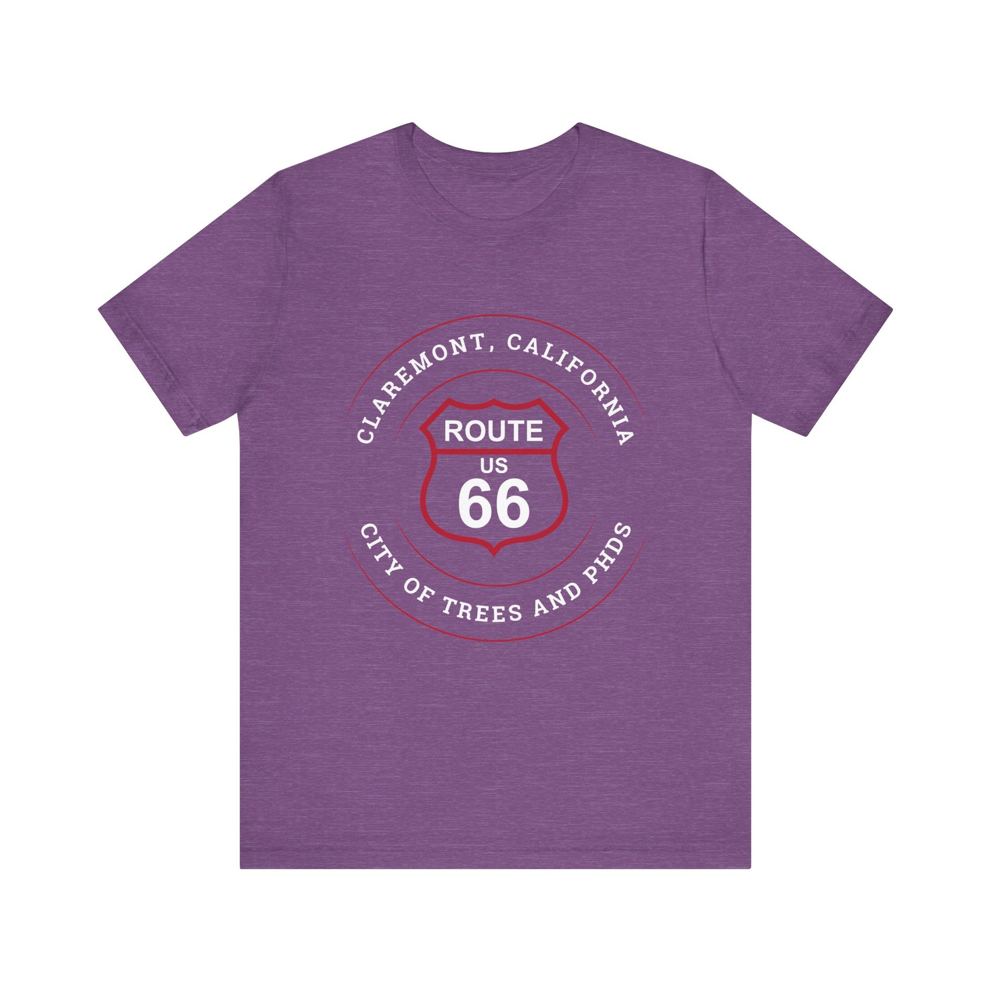 Heather team purple retro Route 66 unisex jersey tee with Claremont, CA: "City of Trees and PhDs" design