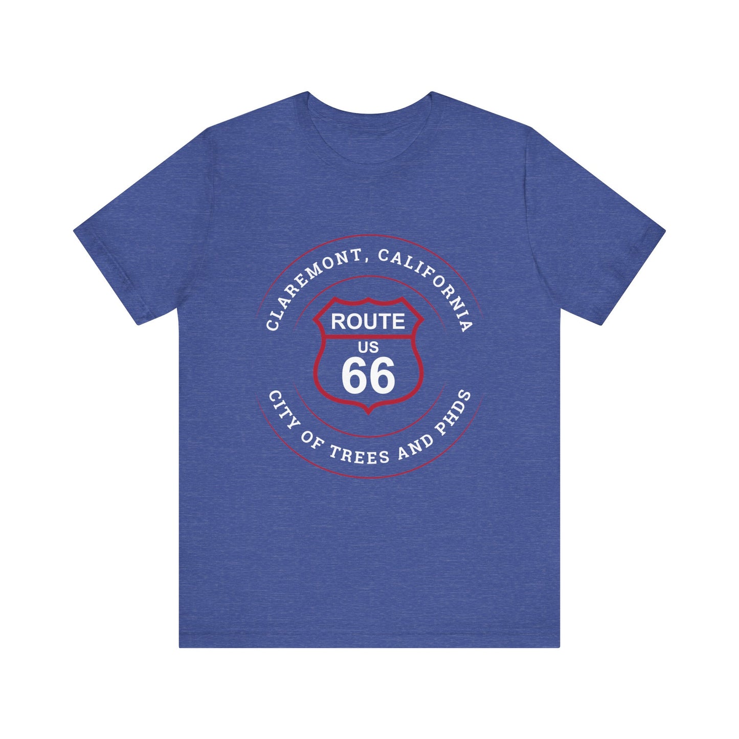 Heather true royal retro Route 66 unisex jersey tee with Claremont, CA: "City of Trees and PhDs" design