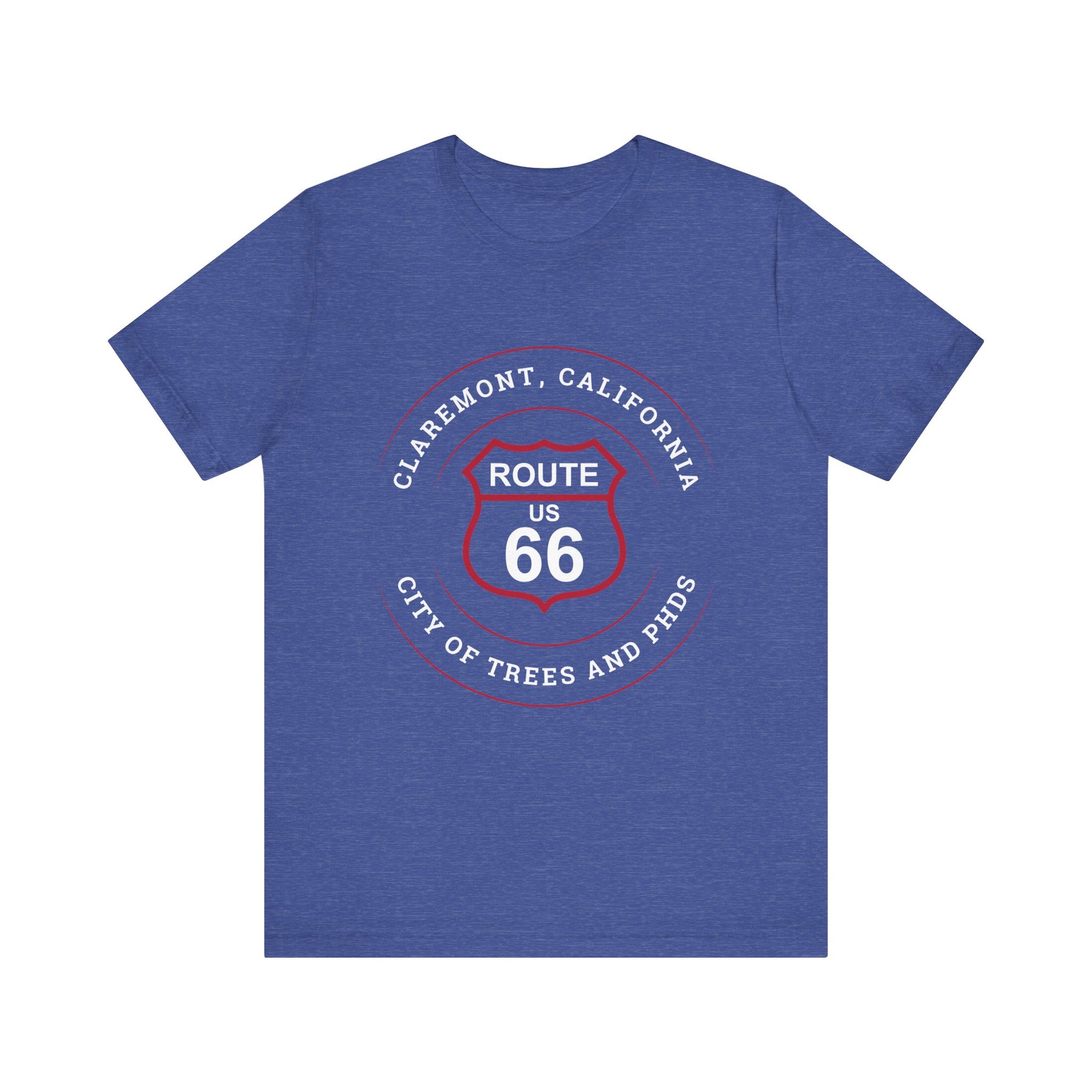 Heather true royal retro Route 66 unisex jersey tee with Claremont, CA: "City of Trees and PhDs" design