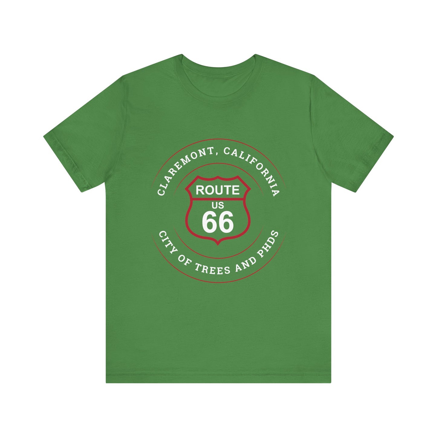 Leaf retro Route 66 unisex jersey tee with Claremont, CA: "City of Trees and PhDs" design