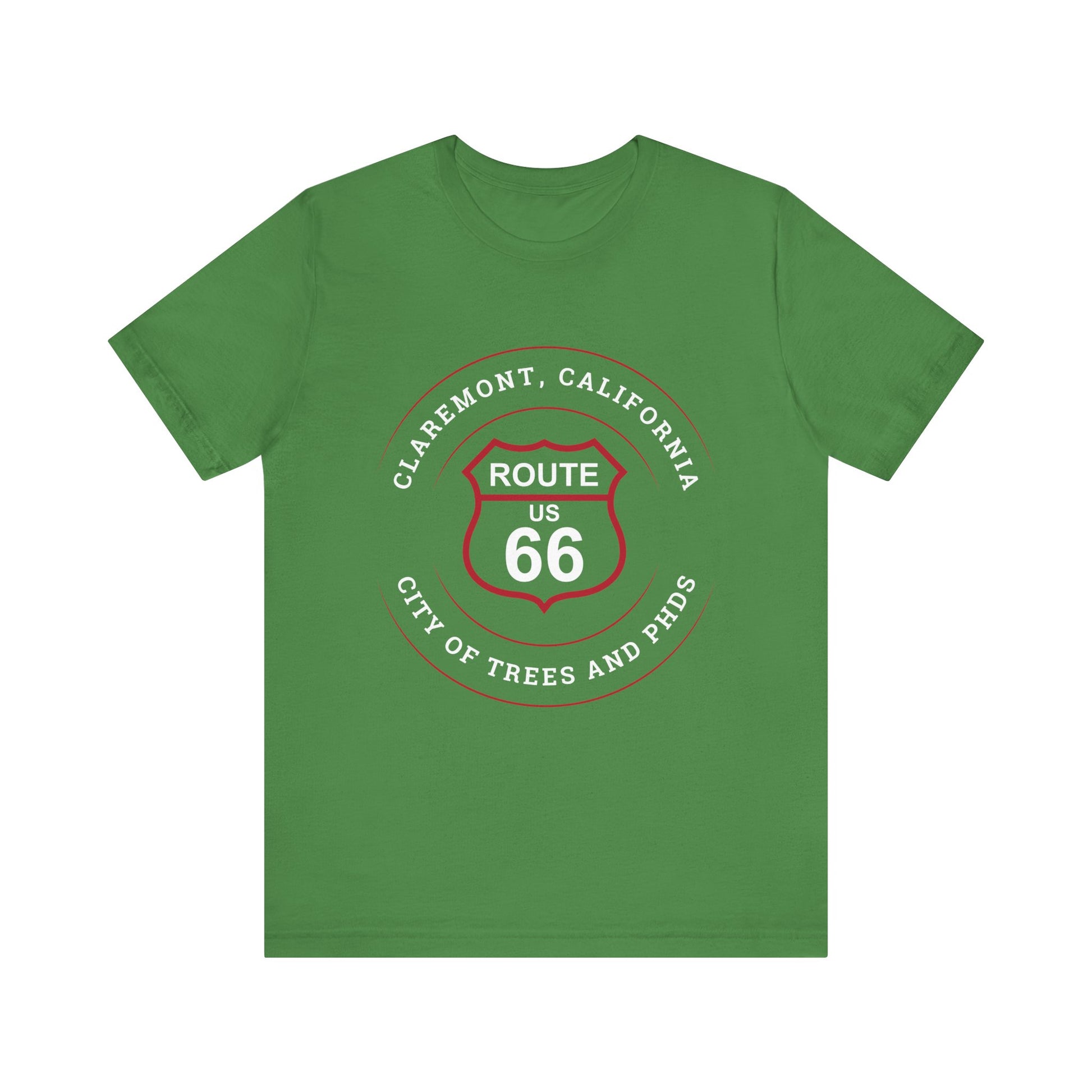 Leaf retro Route 66 unisex jersey tee with Claremont, CA: "City of Trees and PhDs" design