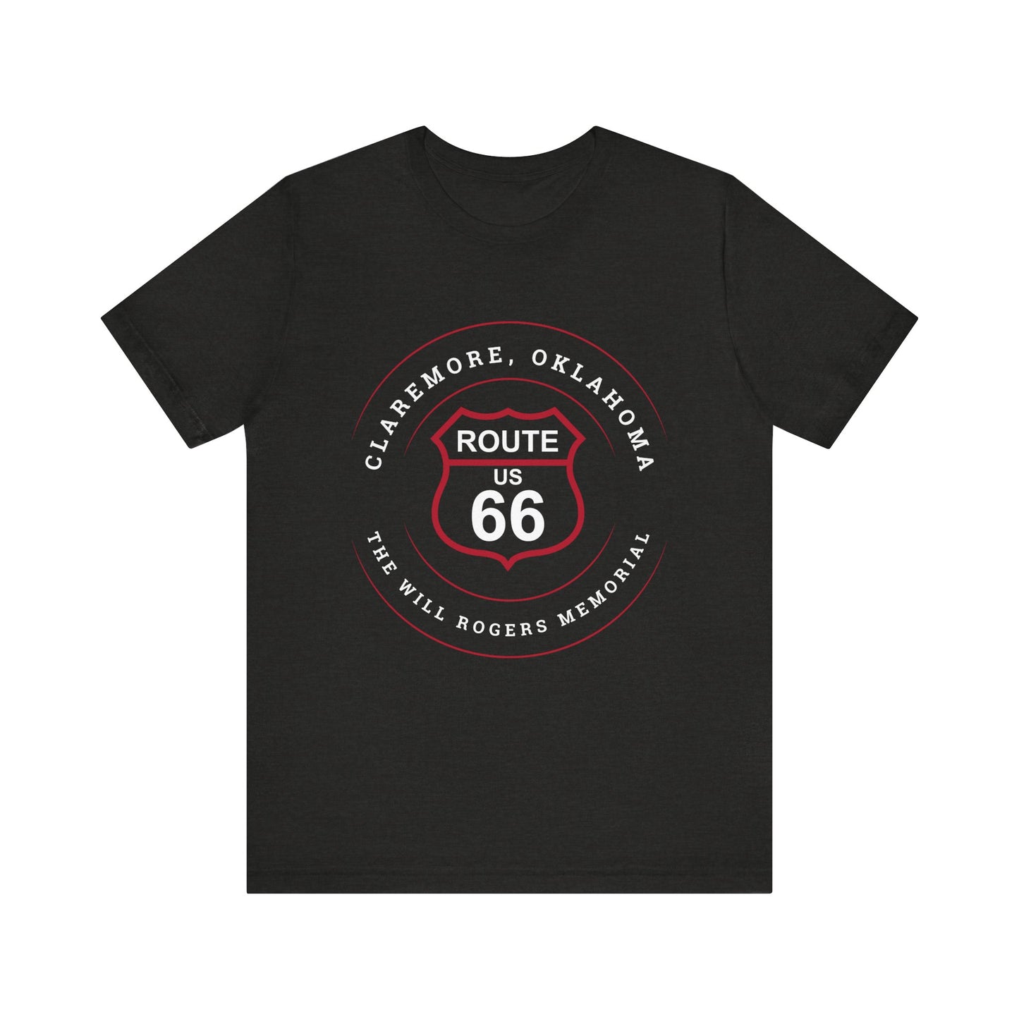 Black heather retro Route 66 unisex jersey tee with Claremore, OK "The Will Rogers Memorial" design