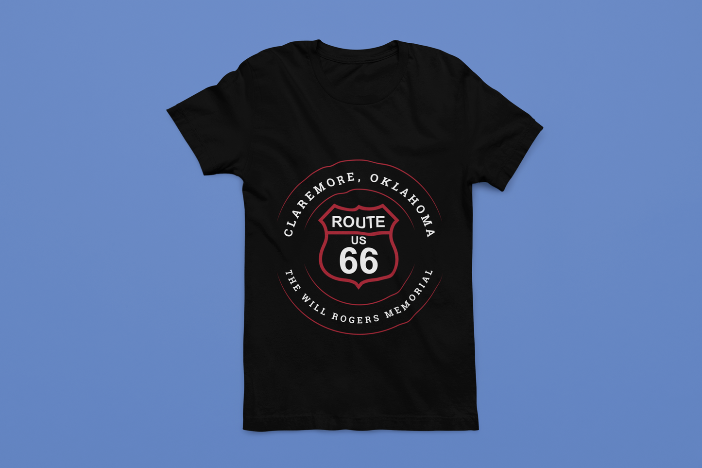 Black laid out retro Route 66 unisex jersey tee with Claremore, OK "The Will Rogers Memorial" design