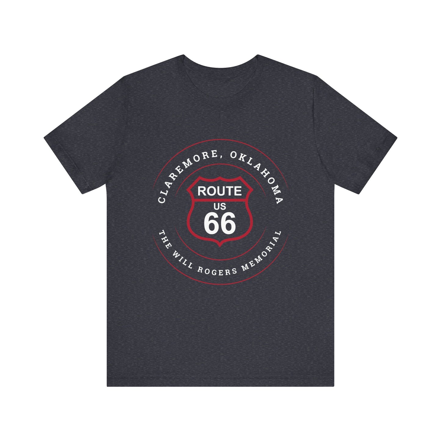 Heather navy retro Route 66 unisex jersey tee with Claremore, OK "The Will Rogers Memorial" design