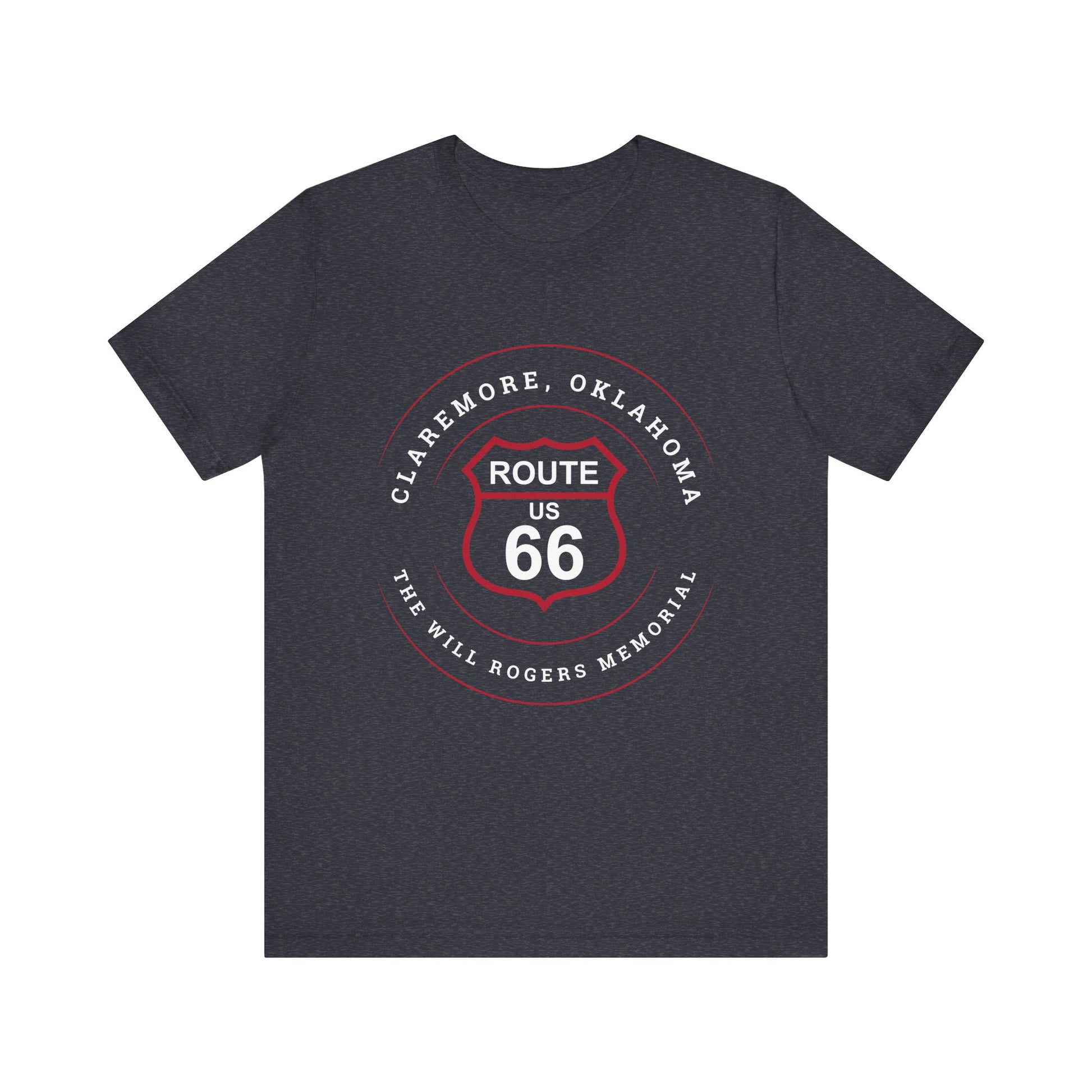 Heather navy retro Route 66 unisex jersey tee with Claremore, OK "The Will Rogers Memorial" design