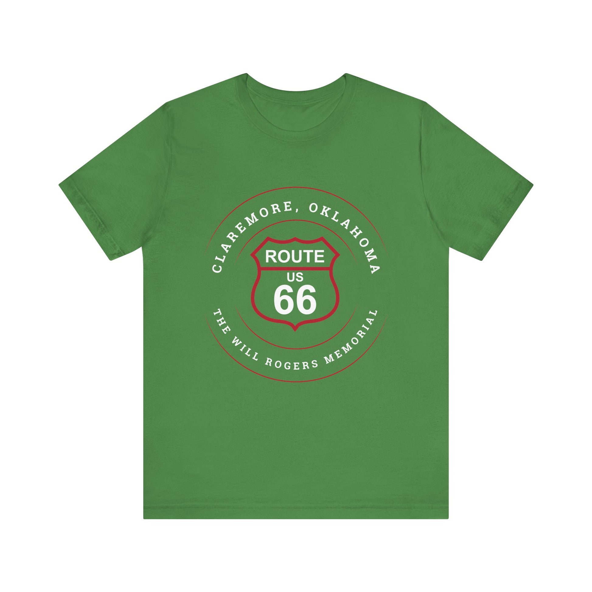 Leaf retro Route 66 unisex jersey tee with Claremore, OK "The Will Rogers Memorial" design