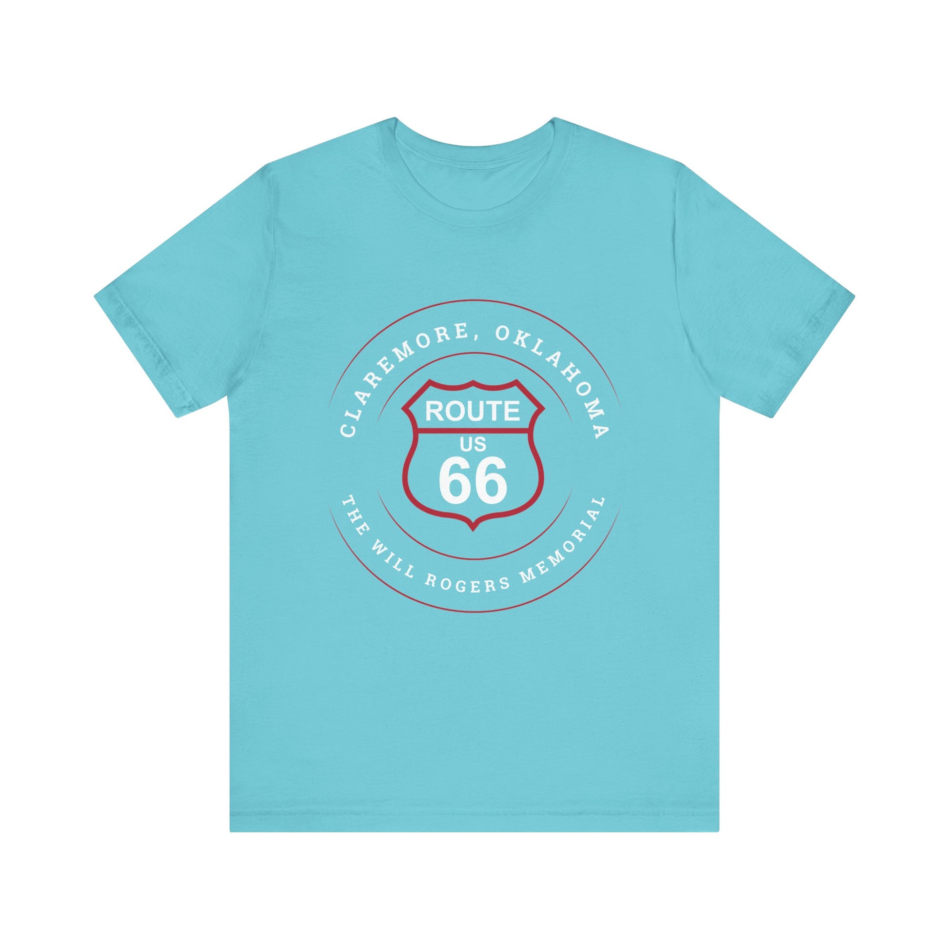 Turquoise retro Route 66 unisex jersey tee with Claremore, OK "The Will Rogers Memorial" design