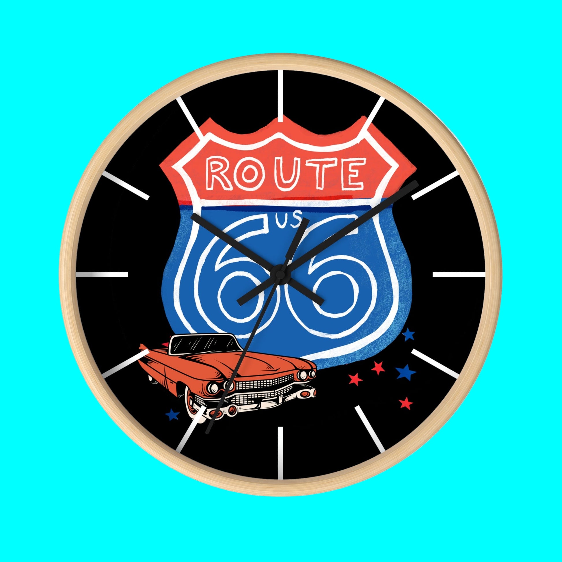 Front view of Route 66 Wall Clock featuring a retro red Cadillac and bold Route 66 shield, perfect for Americana-inspired home décor