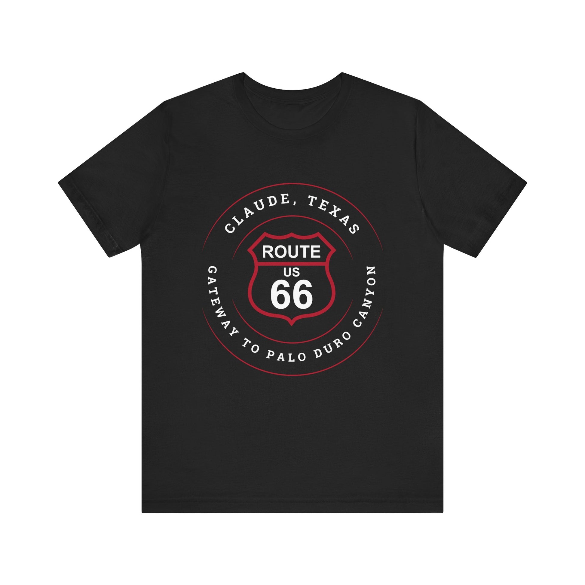 Black retro Route 66 unisex jersey tee with Claude, TX: "Gateway to Palo Duro Canyon" design