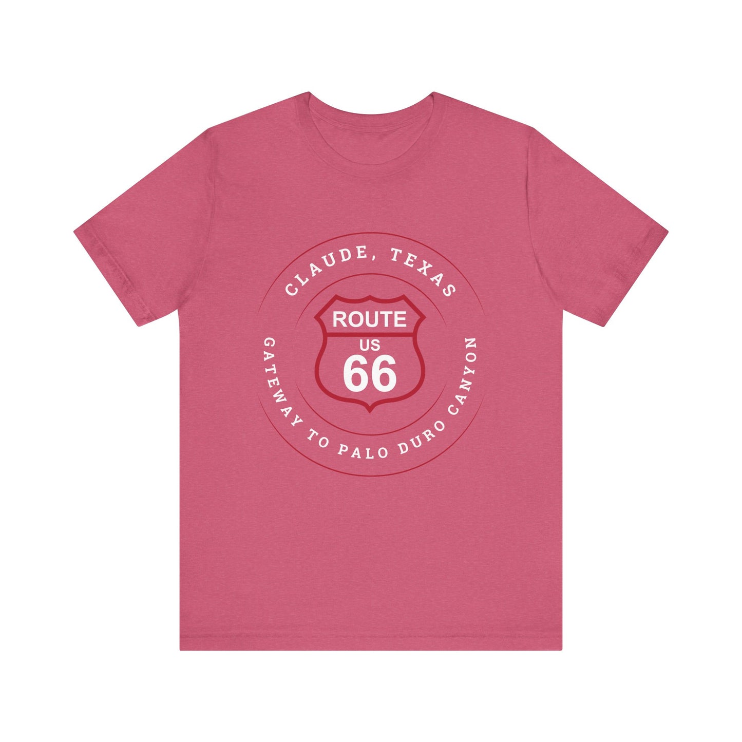 Heather raspberry retro Route 66 unisex jersey tee with Claude, TX: "Gateway to Palo Duro Canyon" design