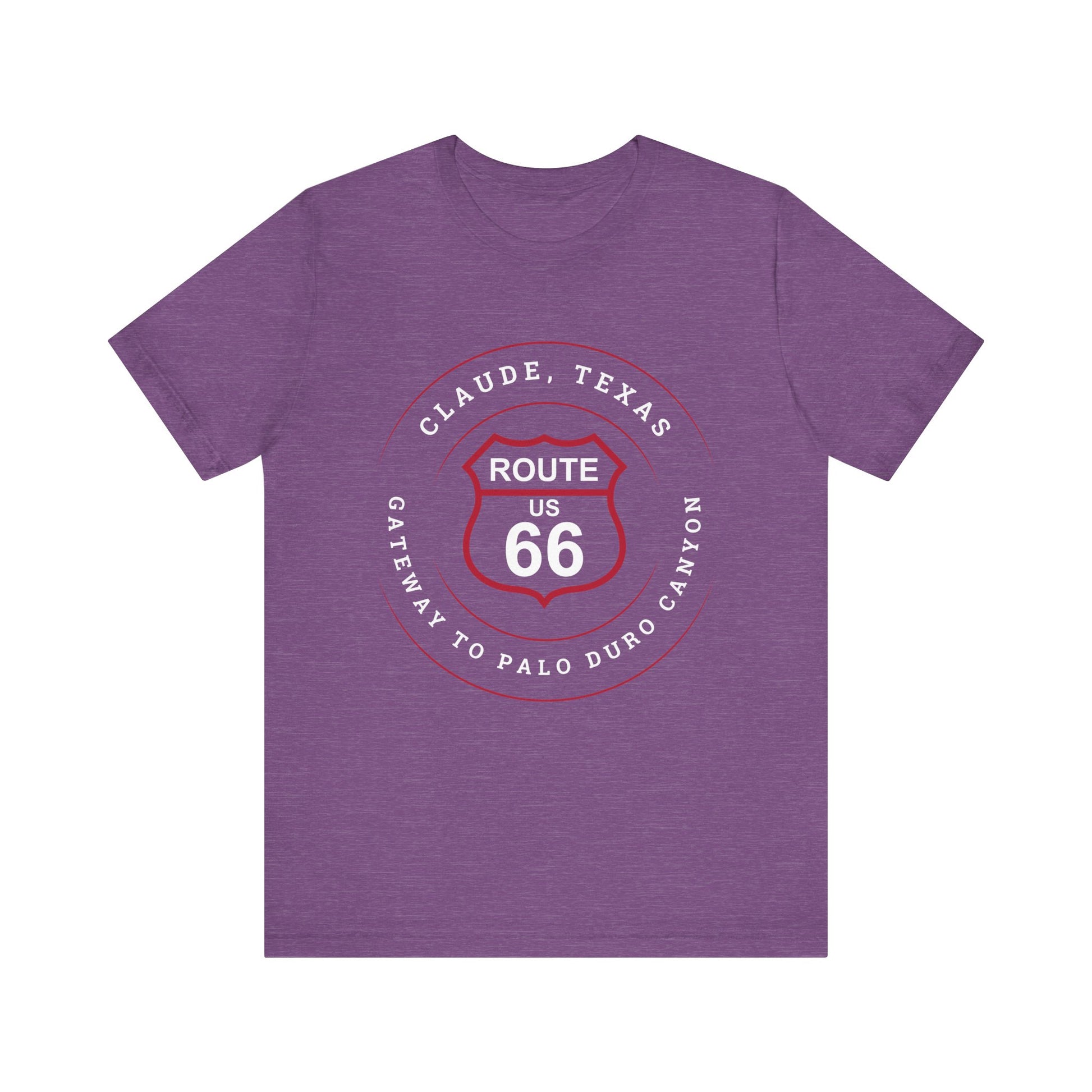 Heather team purple retro Route 66 unisex jersey tee with Claude, TX: "Gateway to Palo Duro Canyon" design