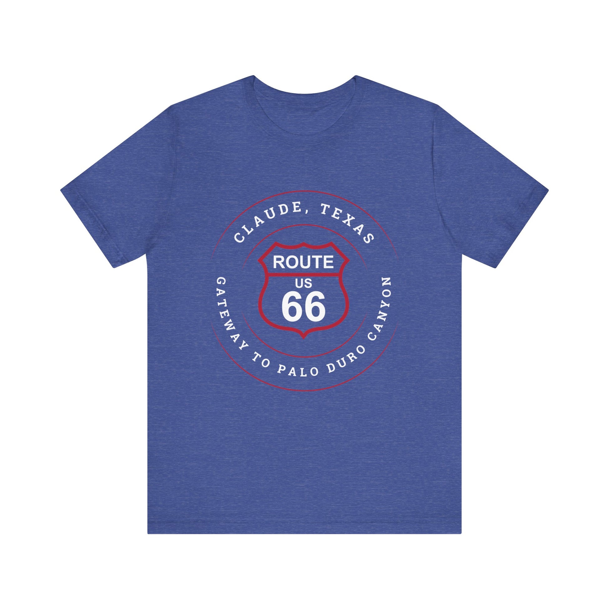 Heather true royal retro Route 66 unisex jersey tee with Claude, TX: "Gateway to Palo Duro Canyon" design