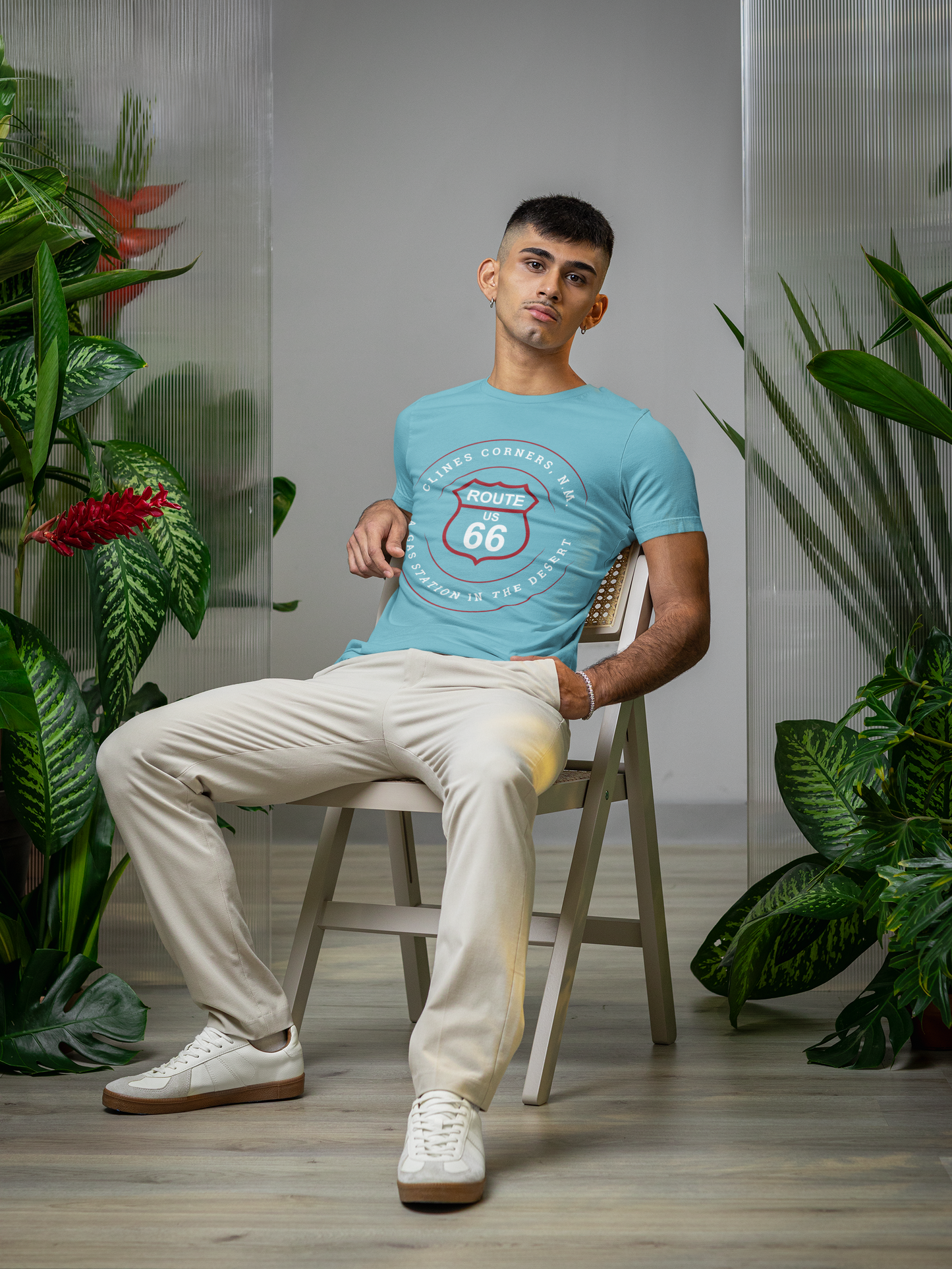 Aqua retro Route 66 unisex jersey tee with Clines Corner, NM: A Gas Station in the Desert graphic