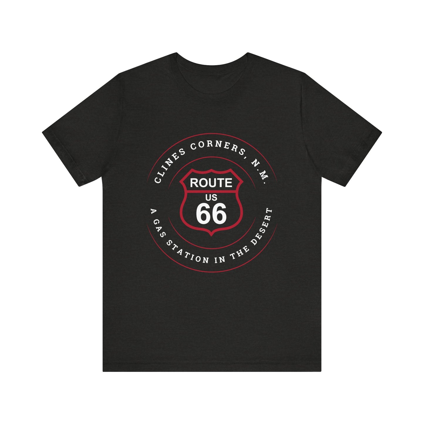 Black heather retro Route 66 unisex jersey tee with Clines Corner, NM: A Gas Station in the Desert graphic