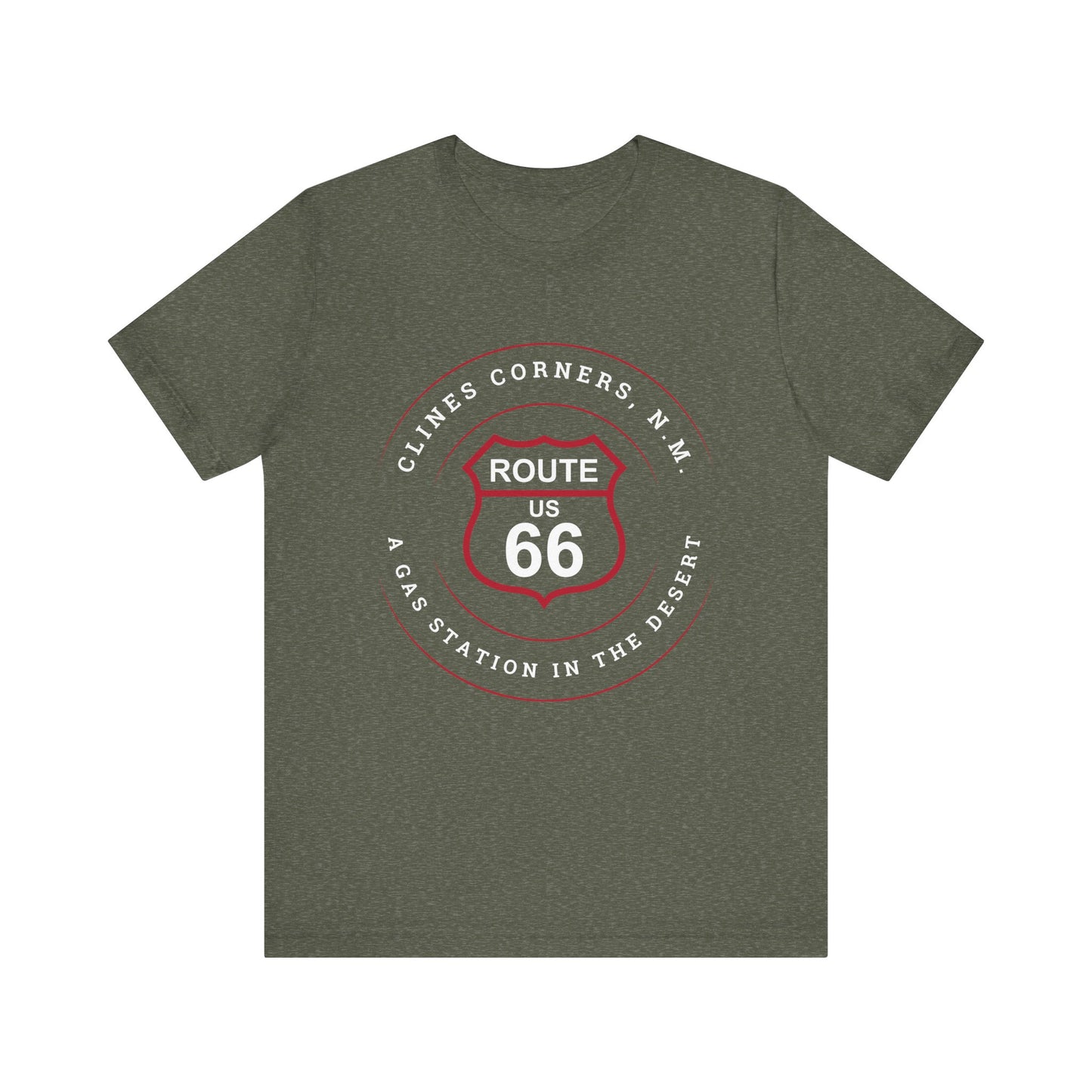 Heather military green retro Route 66 unisex jersey tee with Clines Corner, NM: A Gas Station in the Desert graphic