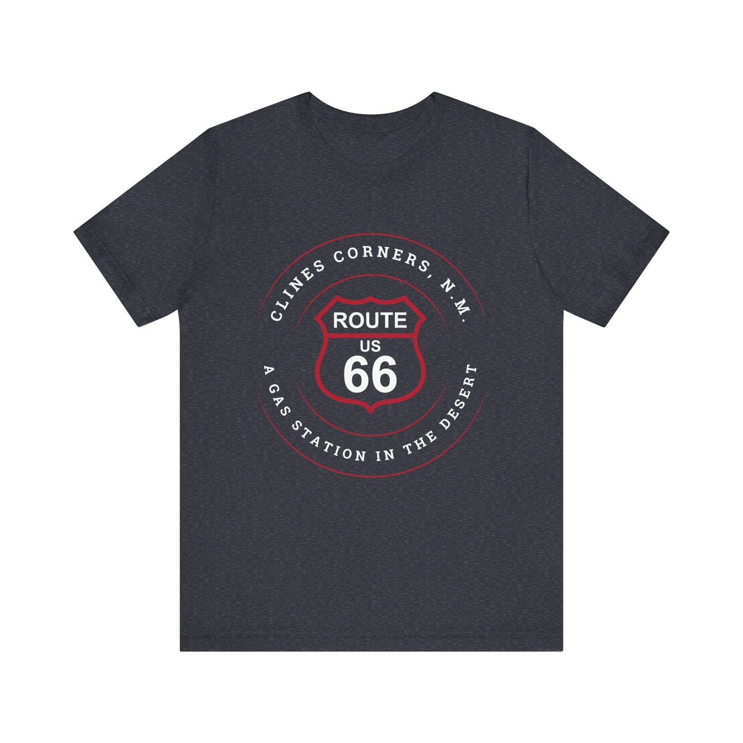 Heather navy retro Route 66 unisex jersey tee with Clines Corner, NM: A Gas Station in the Desert graphic