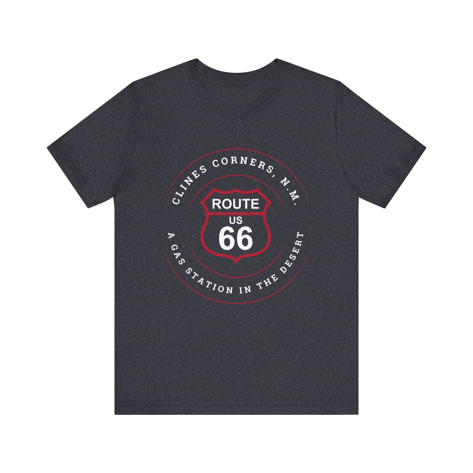 Heather navy retro Route 66 unisex jersey tee with Clines Corner, NM: A Gas Station in the Desert graphic