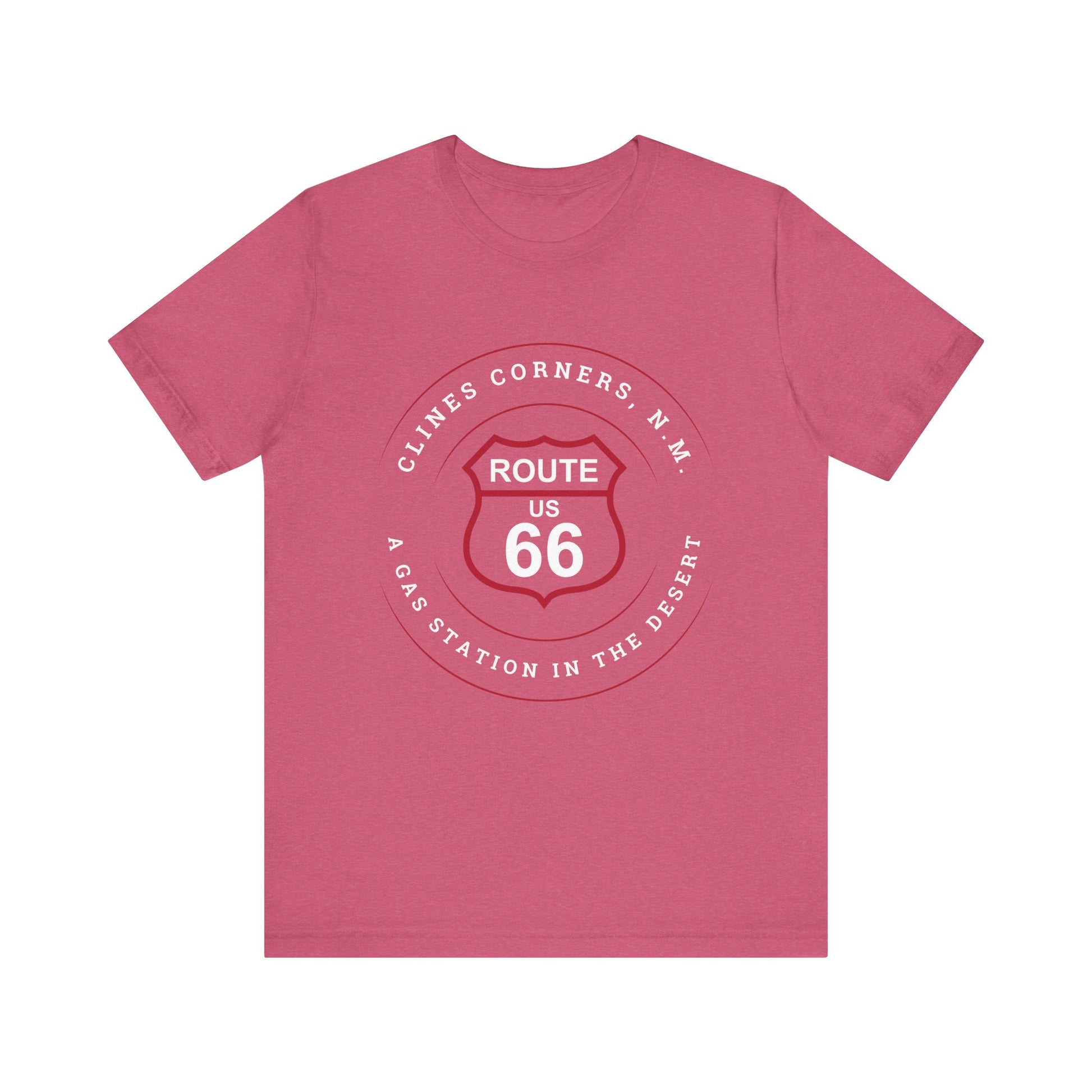 Heather raspberry retro Route 66 unisex jersey tee with Clines Corner, NM: A Gas Station in the Desert graphic