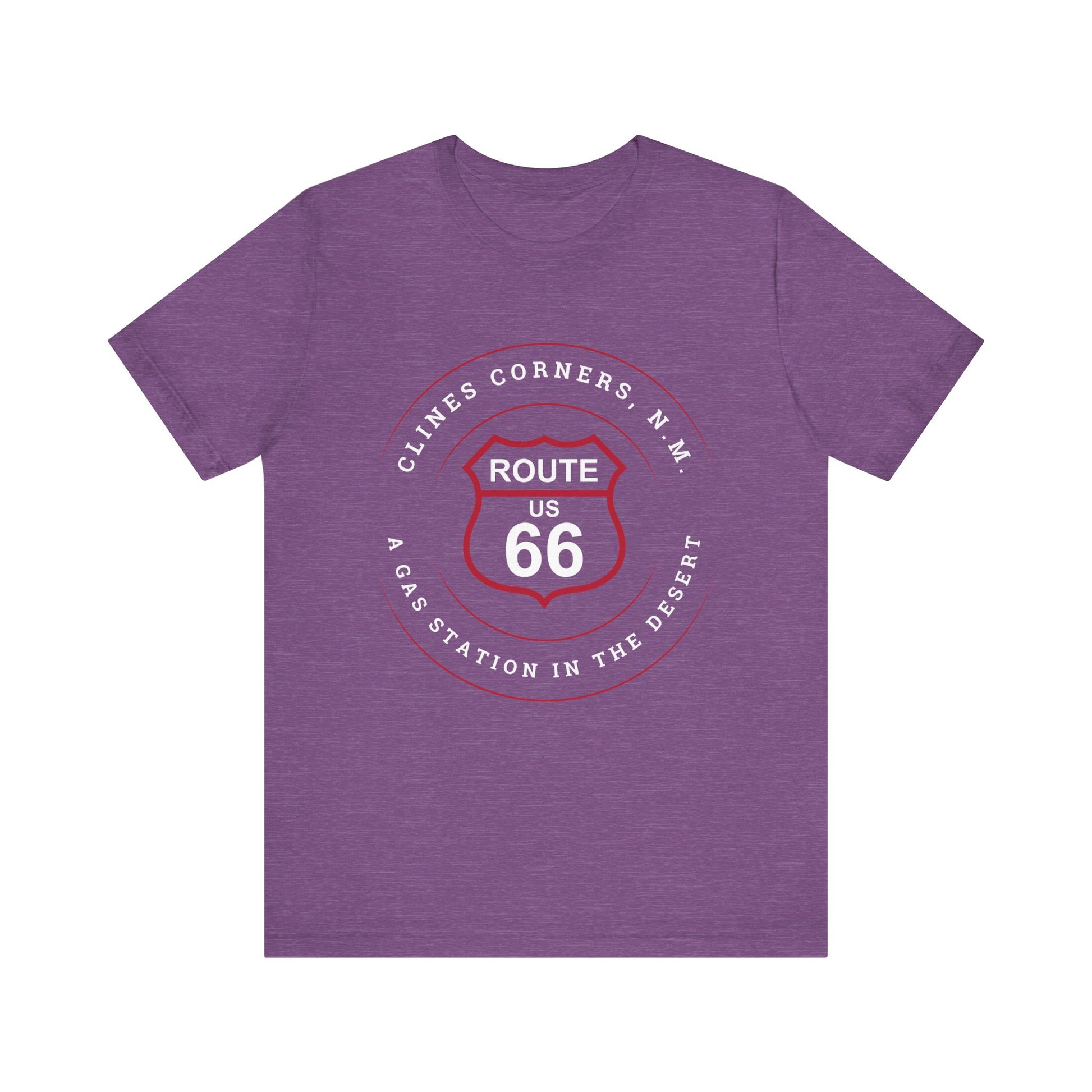 Heather team purple retro Route 66 unisex jersey tee with Clines Corner, NM: A Gas Station in the Desert graphic